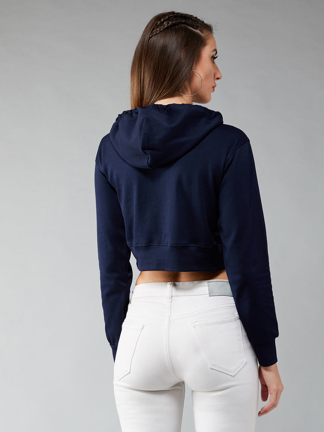 Women's Navy Blue Solid Round Neck Full Sleeve Hooded Boxy Crop Sweatshirt