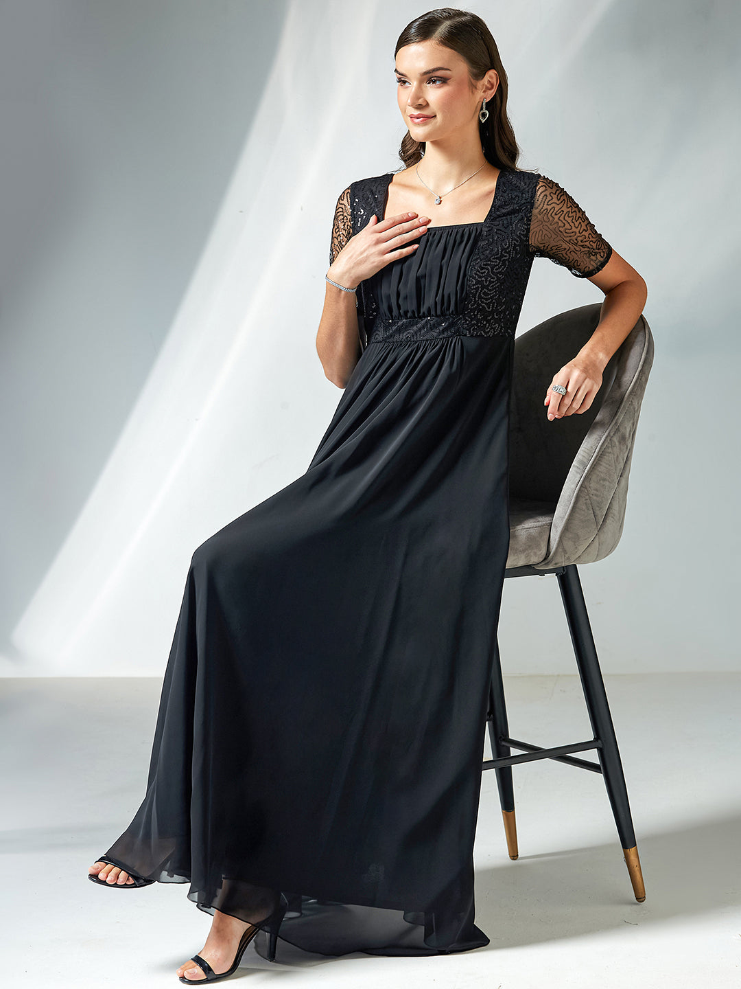 Black Square Neck Half Sleeve Solid Embellished Maxi Dress for Women — Miss Chase