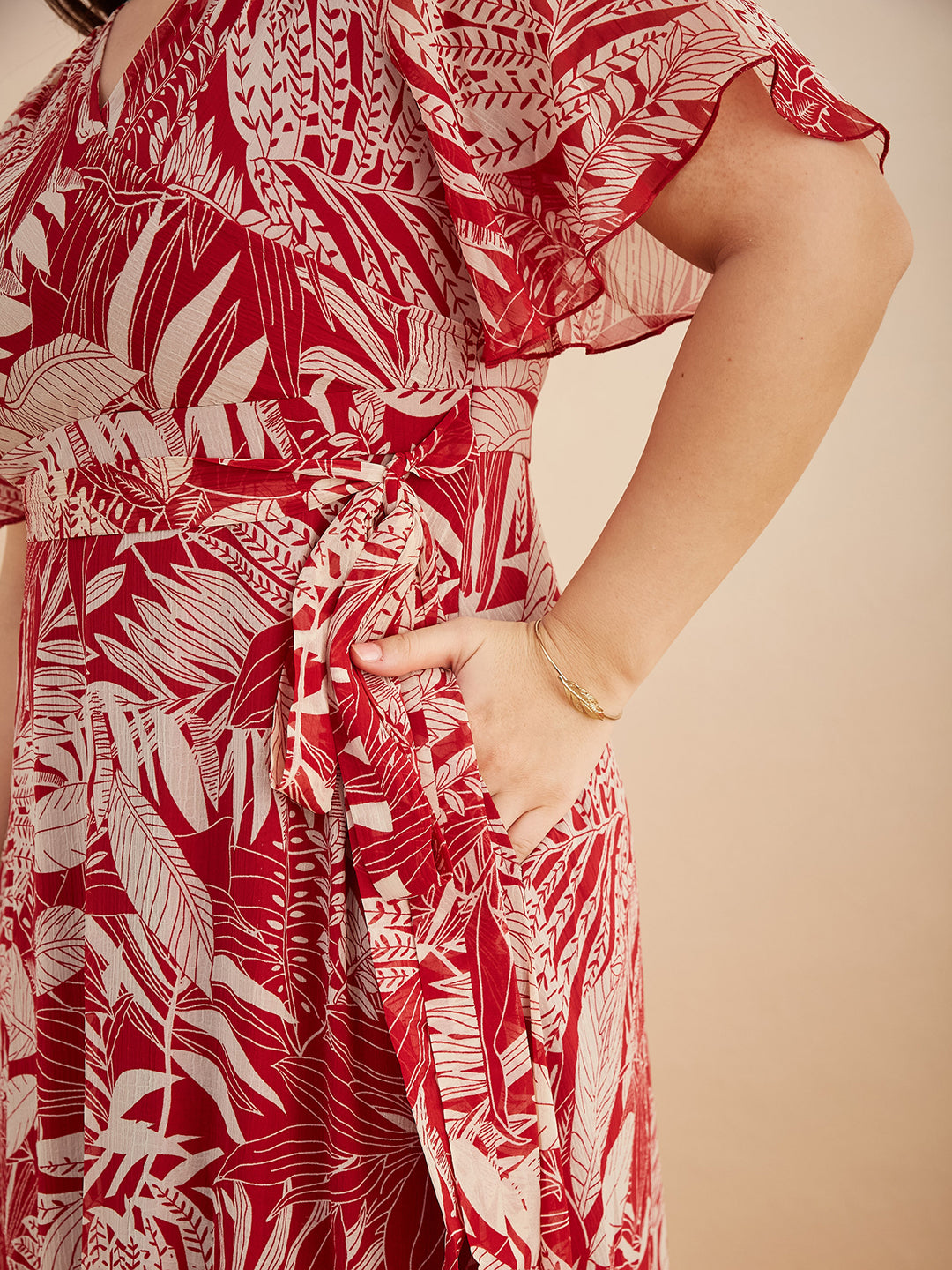 Maroon V Neck Flared Sleeve Floral Wrap Maxi Dress for Women