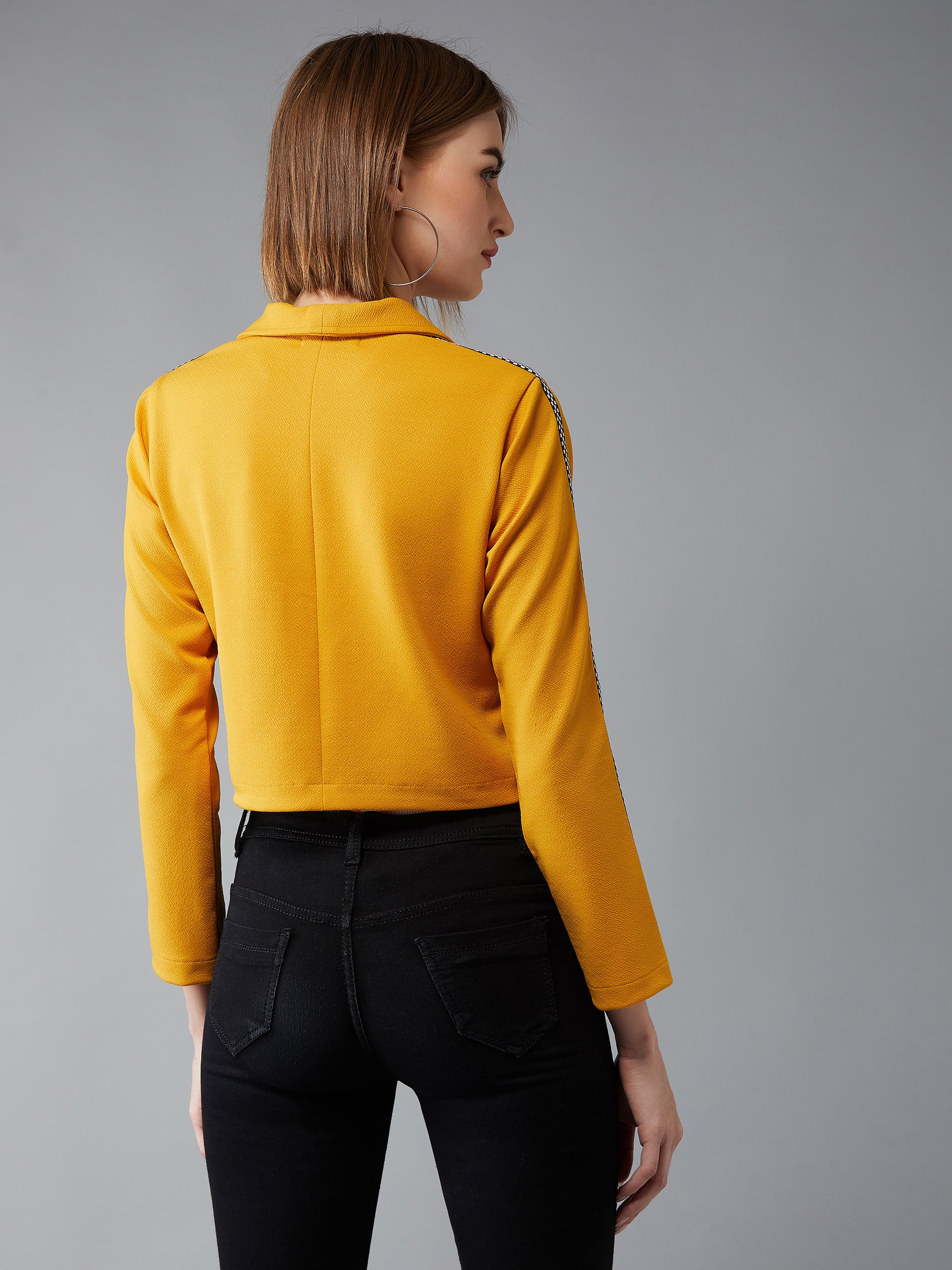 Women's Mustard Collared Full Sleeves Polyknitted Solid Cropped Twill Tape Detailing Jacket