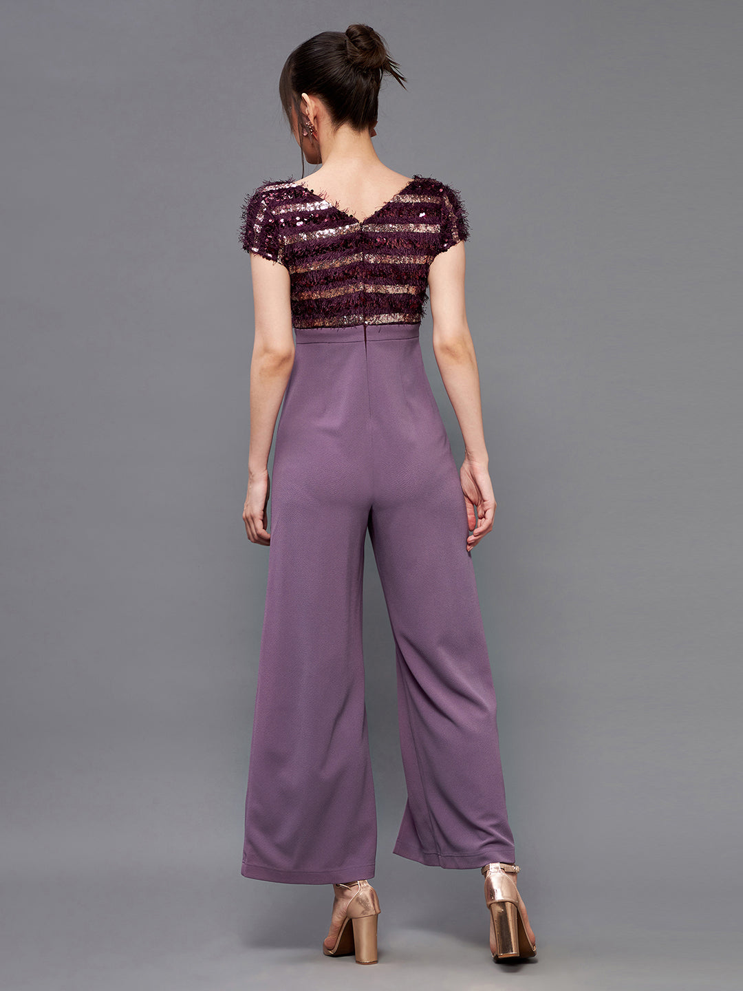 Purple Round Neck Short Sleeve Embellished Front Slit Fringed Regular Jumpsuit for Women
