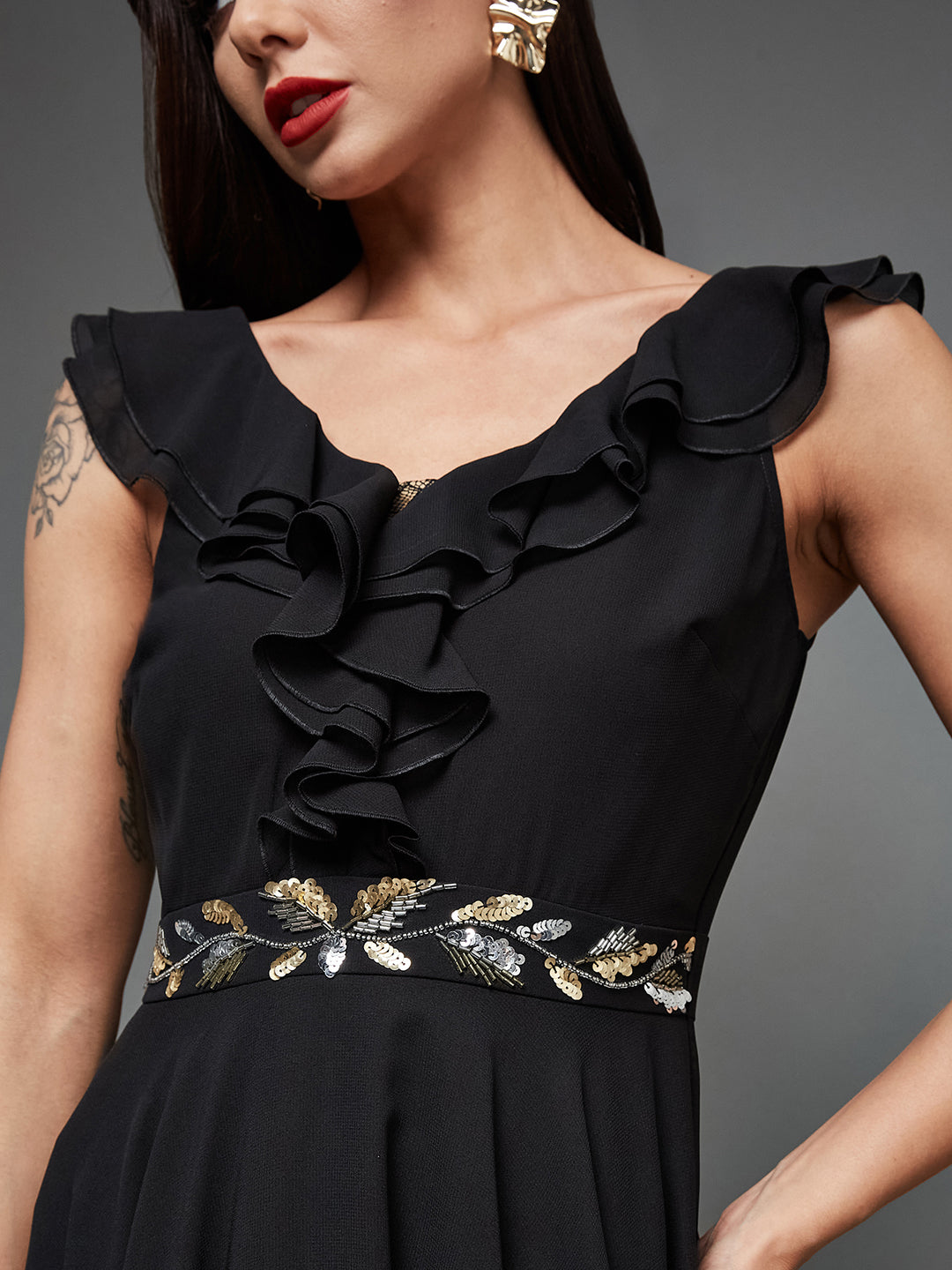 Cocktail Party Black Sleeveless Embroidered Ruffled Georgette Maxi Dress