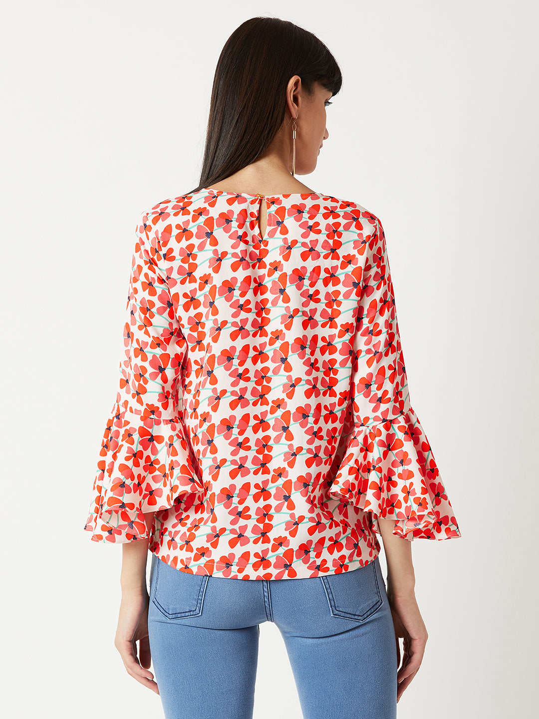 Women's Multicolored With A White Base Round Neck 3/4 Sleeve Ruffled Floral Top