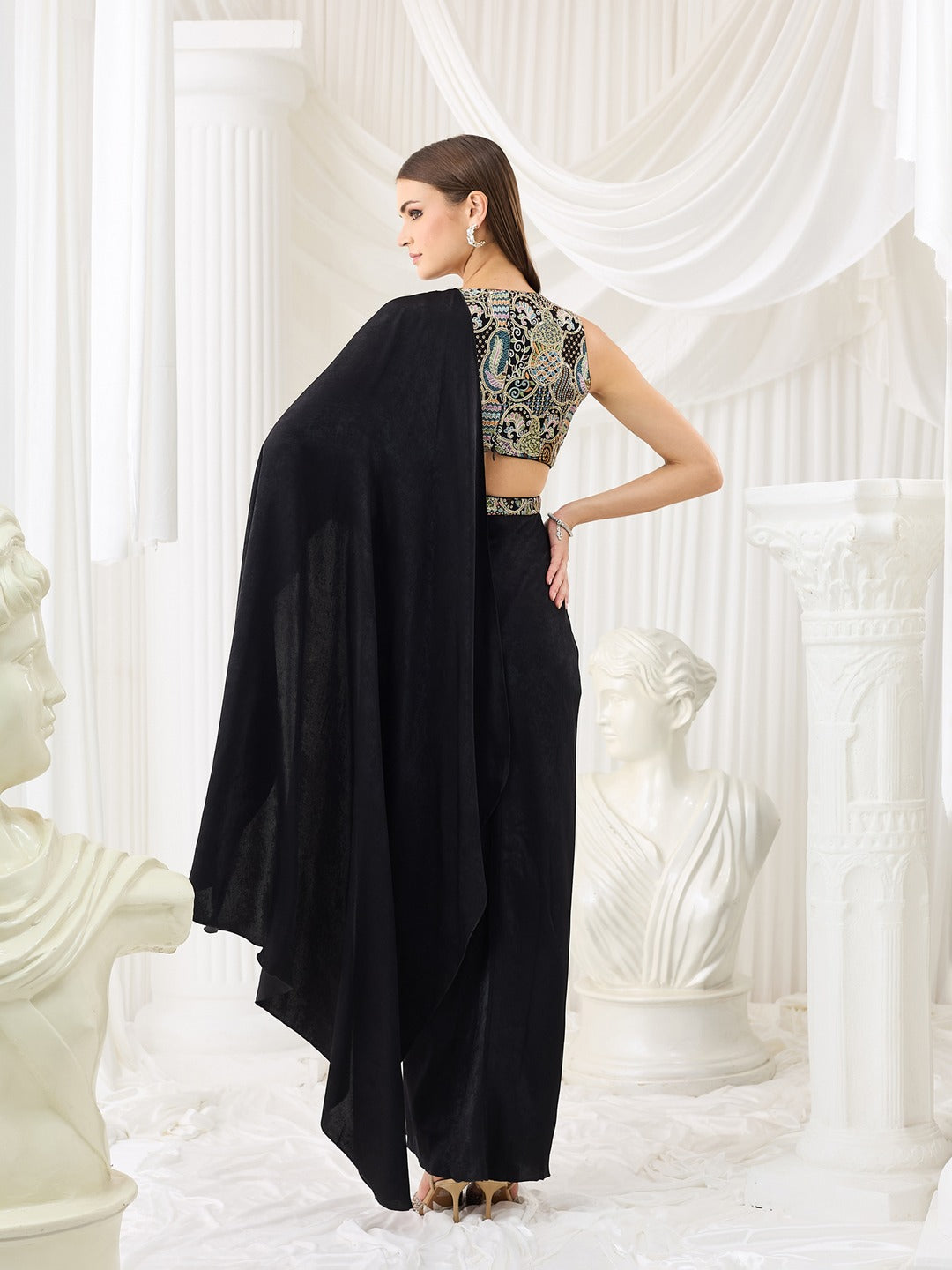 Black V-Neck Asymmetric Embroidered Draped Satin Maxi Dress for Women