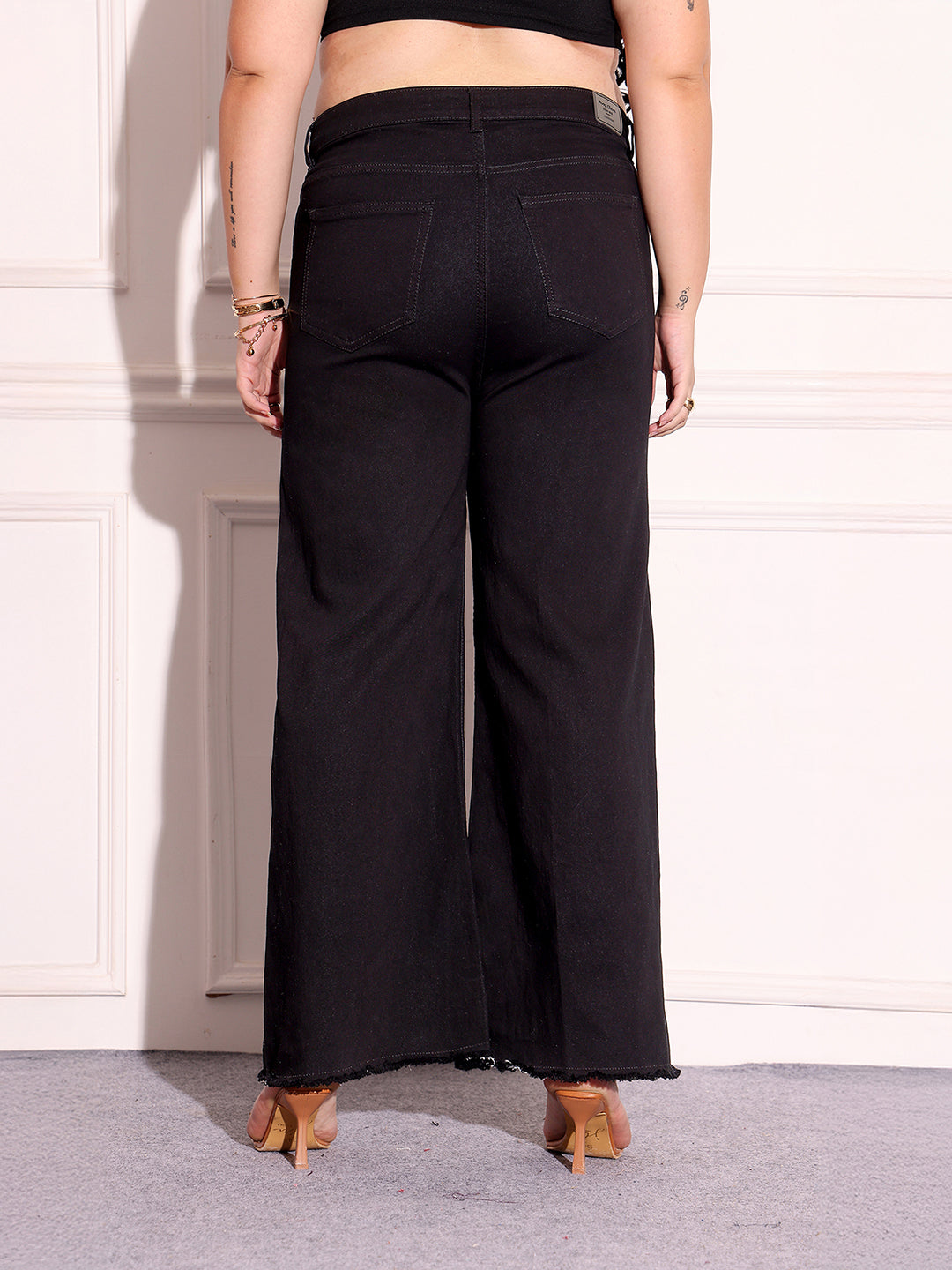 Women's Black High-Rise Stretchable Wide-Leg Denim Jeans