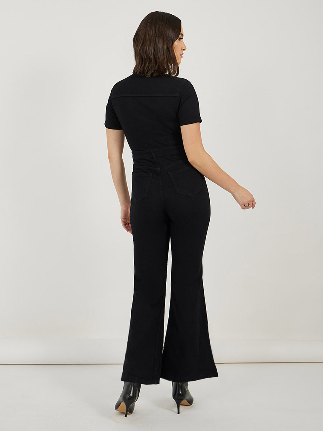 Women's Black Flared High-Rise Stretchable Denim Jumpsuit