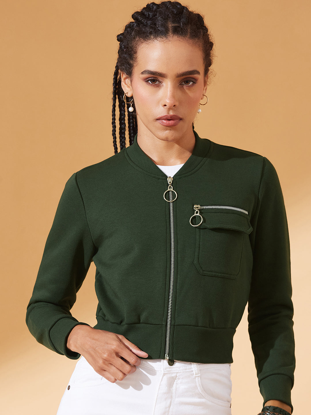 Green Stand Collar Full Sleeves Cotton Boxy/Bomber Cropped Jacket for Women