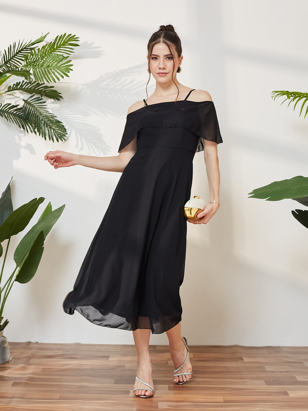 Black Bardot Style Sleeveless Spaghetti Strap Solid Off Shoulder Midi Skater Dress for Women