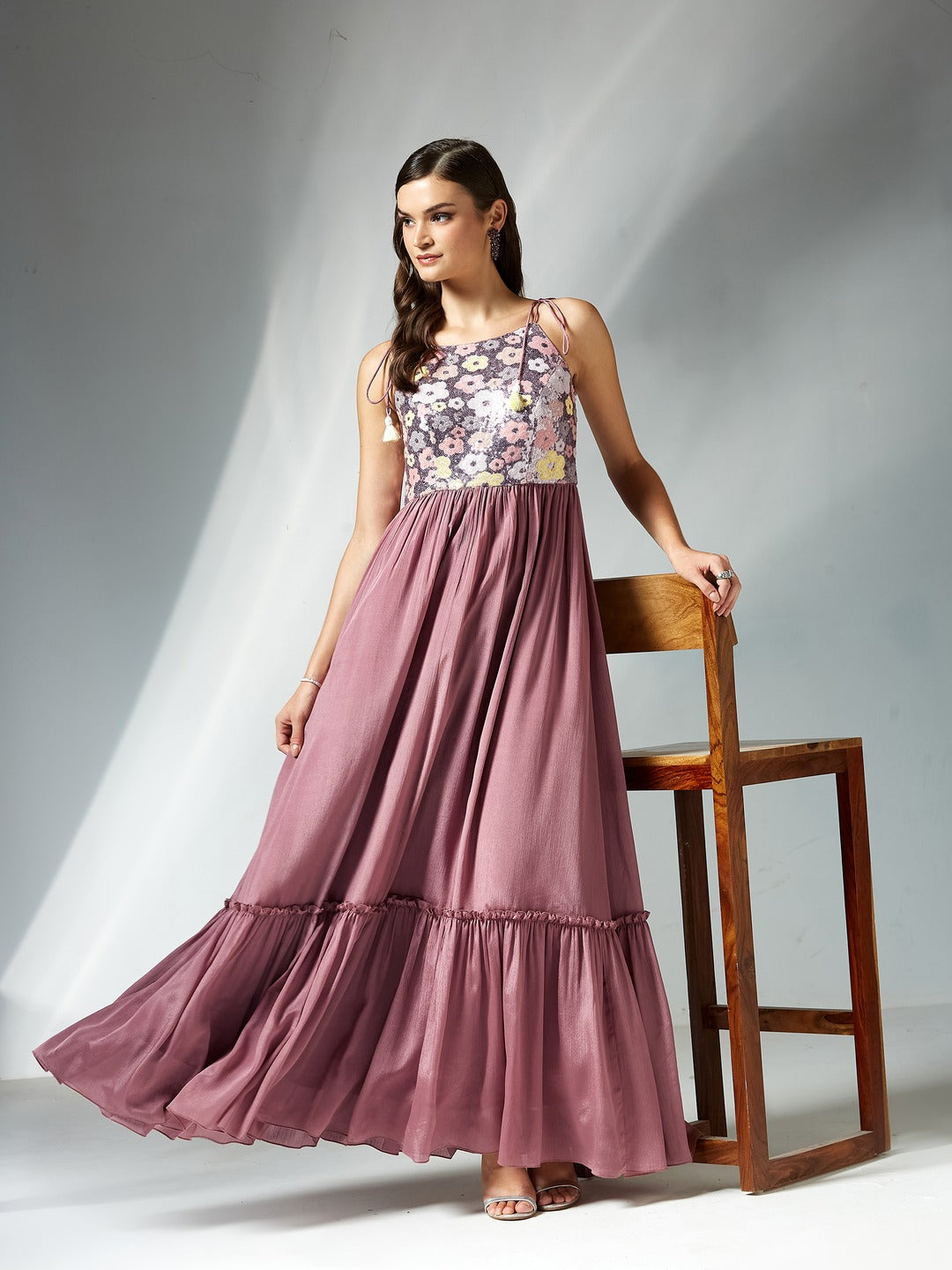 Mauve Floral Printed Sleeveless Maxi Dress for Women