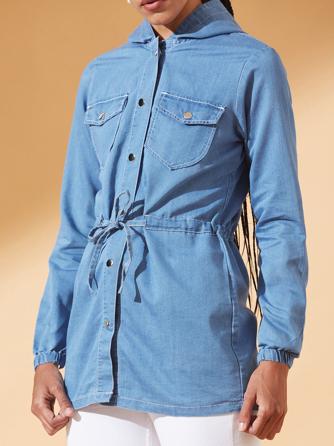 Light-Blue Round Neck Full Sleeve Solid Long hoodie with tie-up Regular Jacket for Women