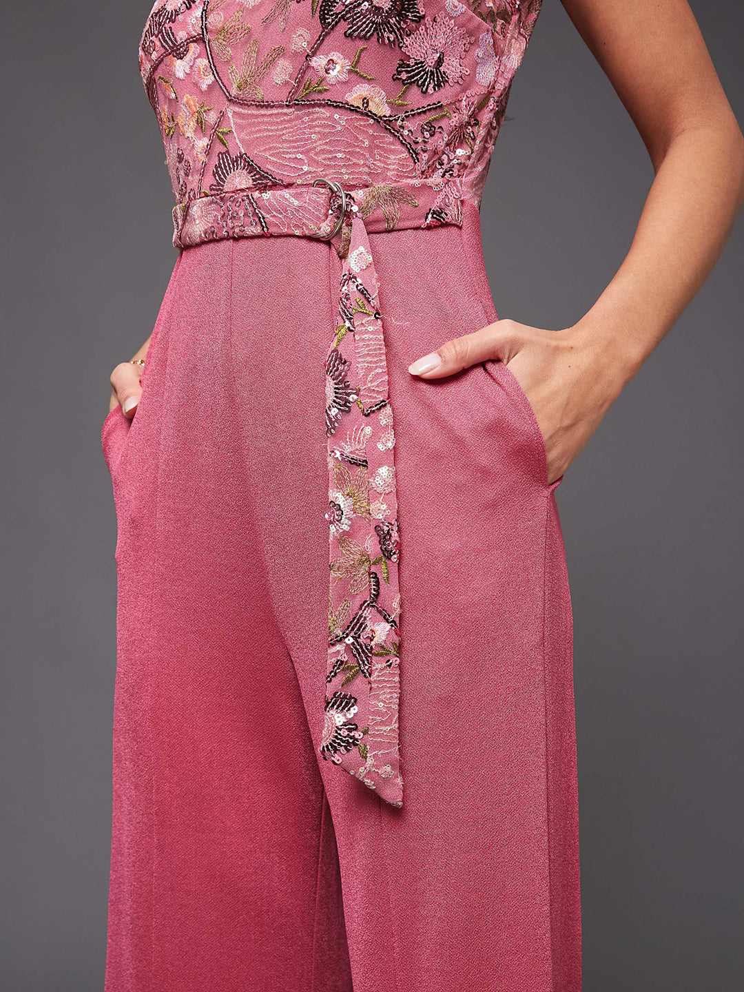 Women's Pink Round Neck Sleeveless Embroidered Straight Leg Jumpsuit