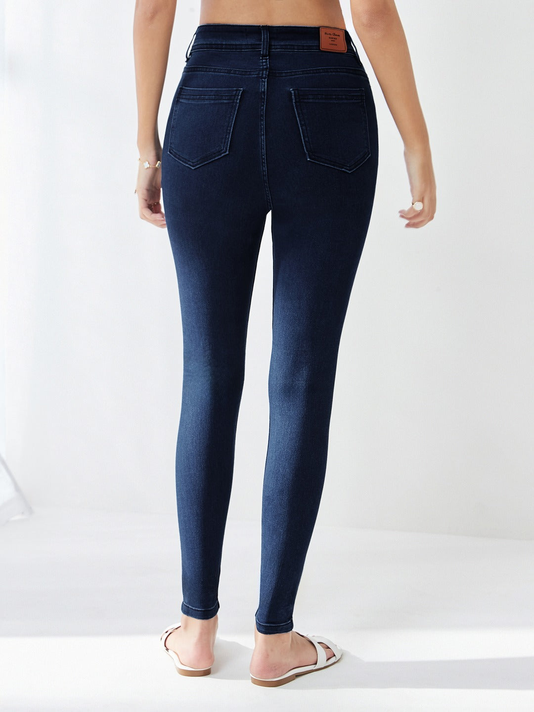 Navy Blue Skinny High Rise Knee Slit Denim Jeans for Women