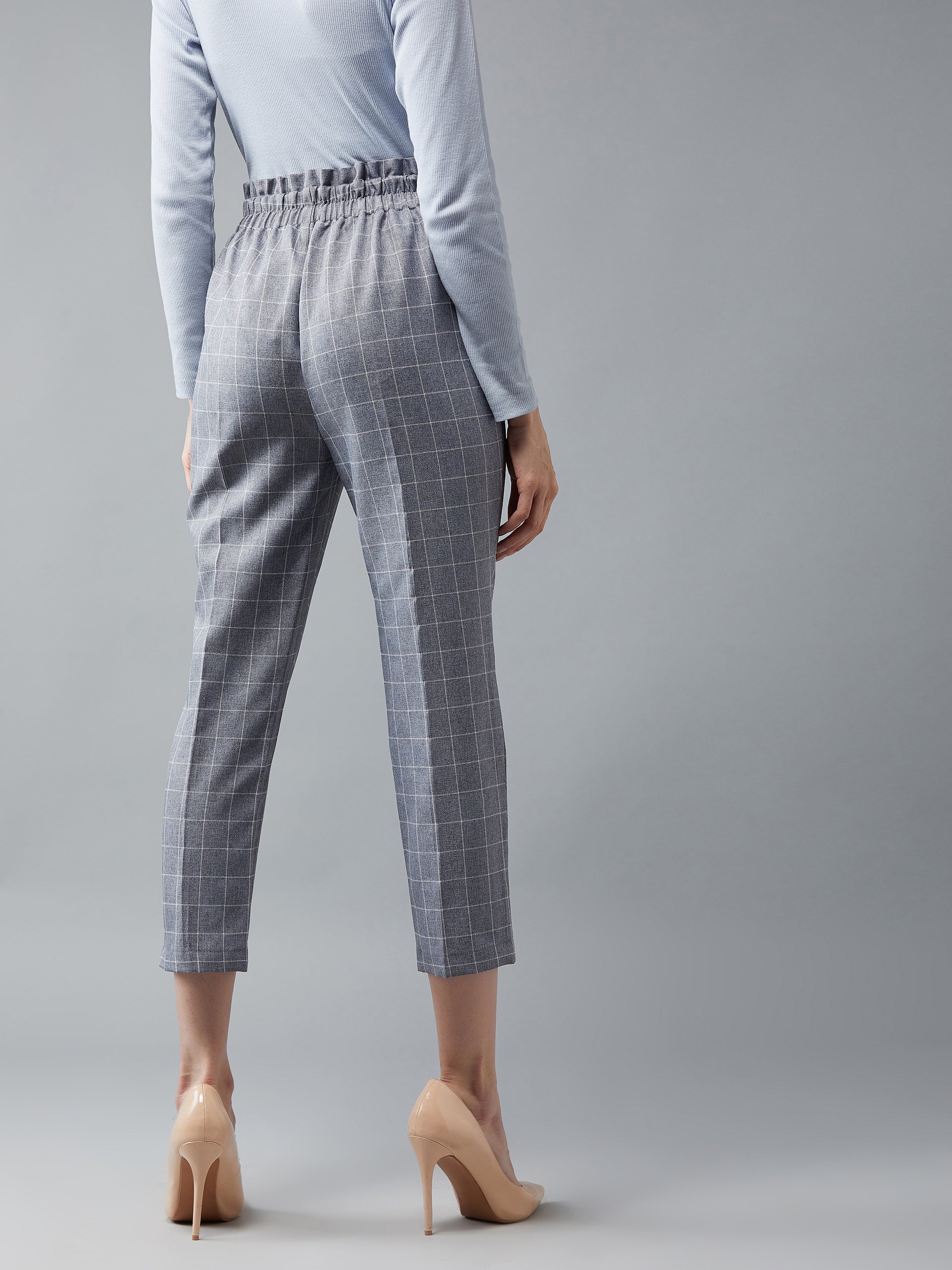Women's Grey & White Polycotton Checkered Gathered/Pleated Cropped Trouser