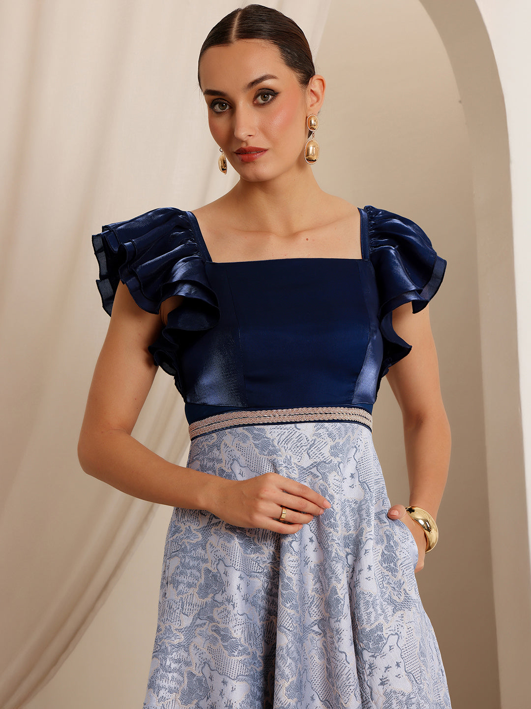 Women's Navy Blue White Square Neck Ruffled Floral Maxi Dress
