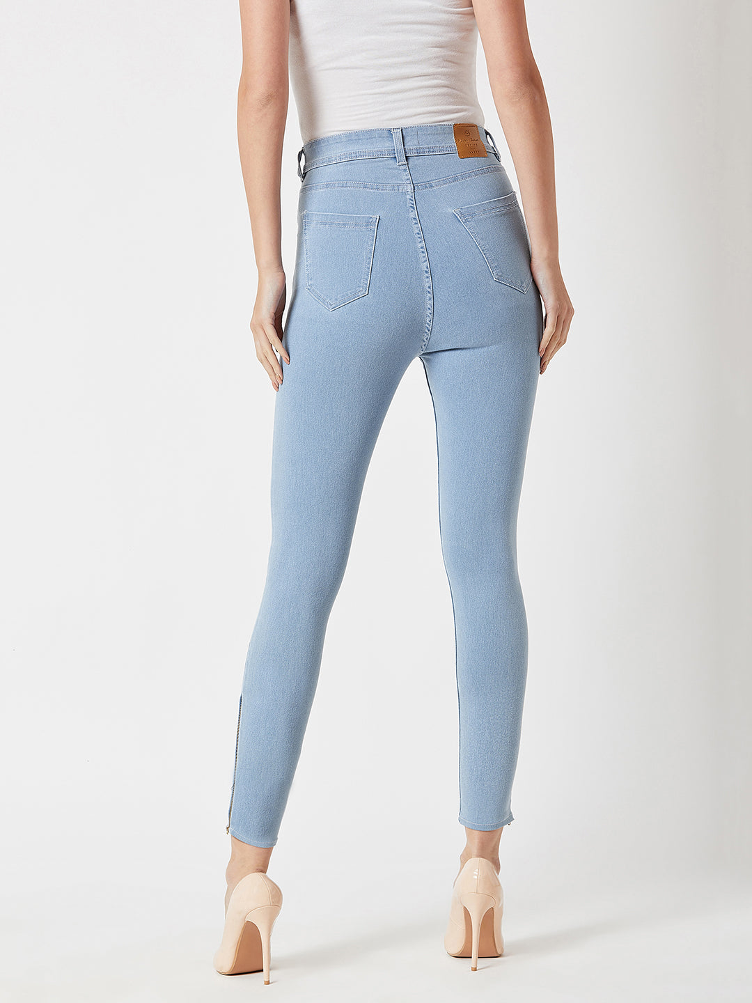 Women's Light Blue Skinny High-Rise Distressed Cropped Denim Jeans