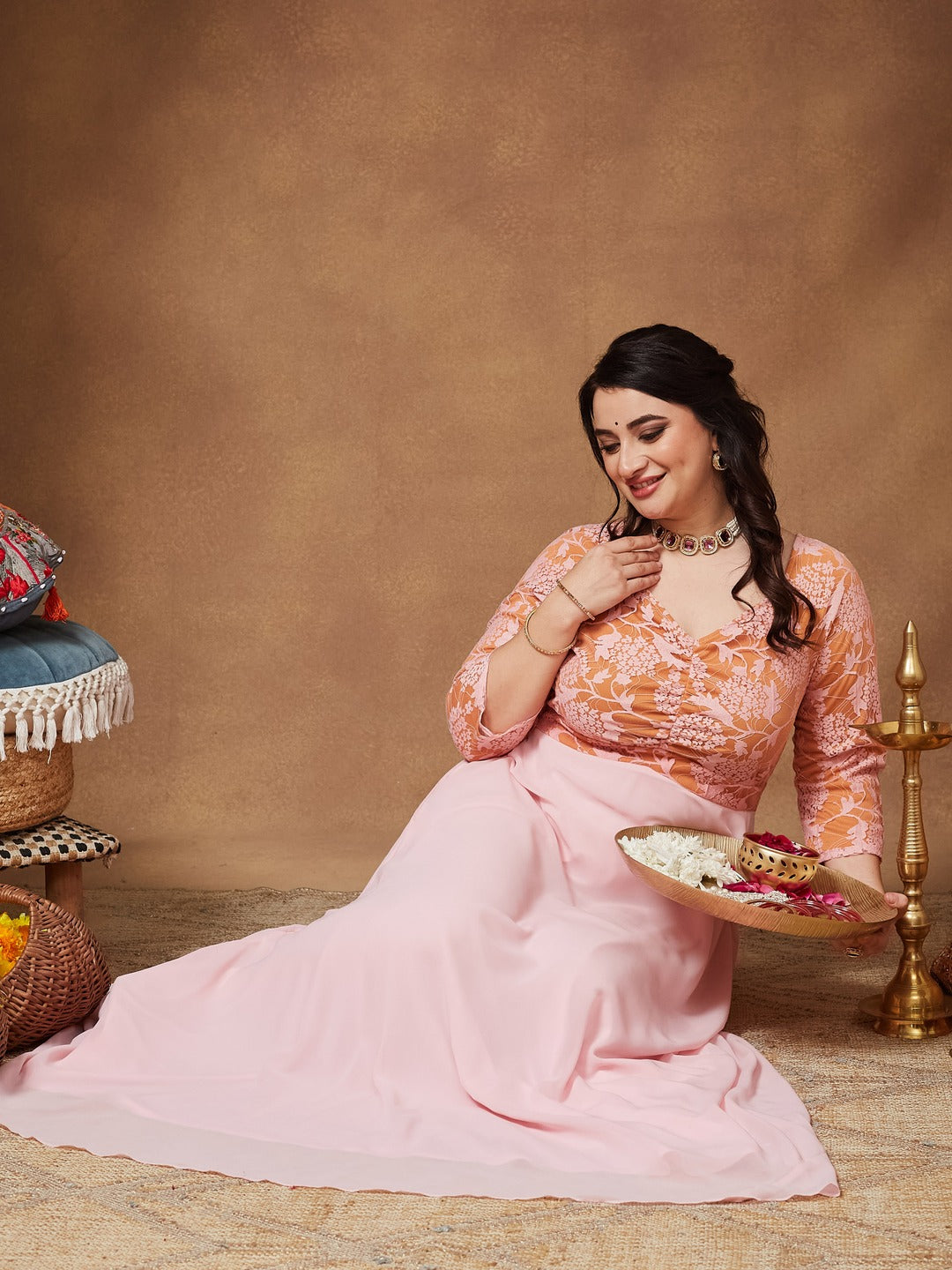 Dusty Pink V-Neck Raglan-Sleeve Self-Designed Empire-Styled Georgette Maxi Dress for Women