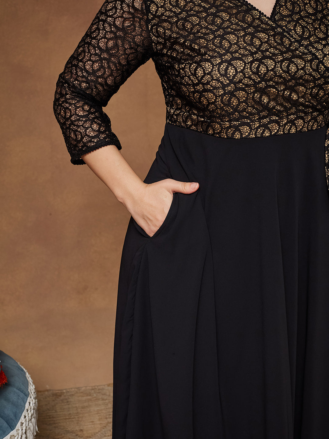 Black Self-Designed Relaxed Fit V-Neck 3/4th Sleeve Georgette And Lace Maxi Dress  for Women — Miss Chase A+