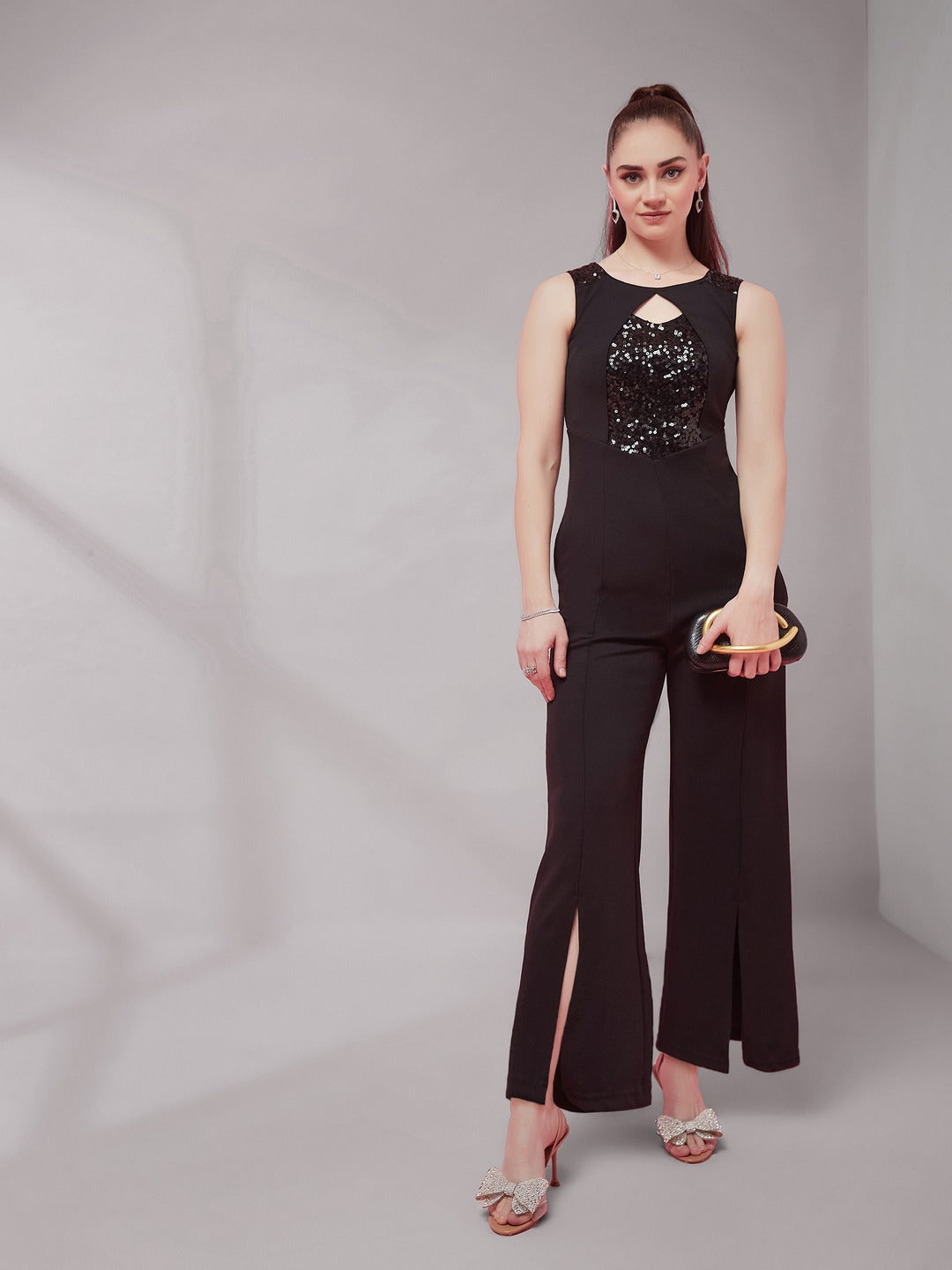 Black Embellished Sweet-heart neck Sleeveless Side Pocketed Polyester Panelled Regular Jumpsuit for Women