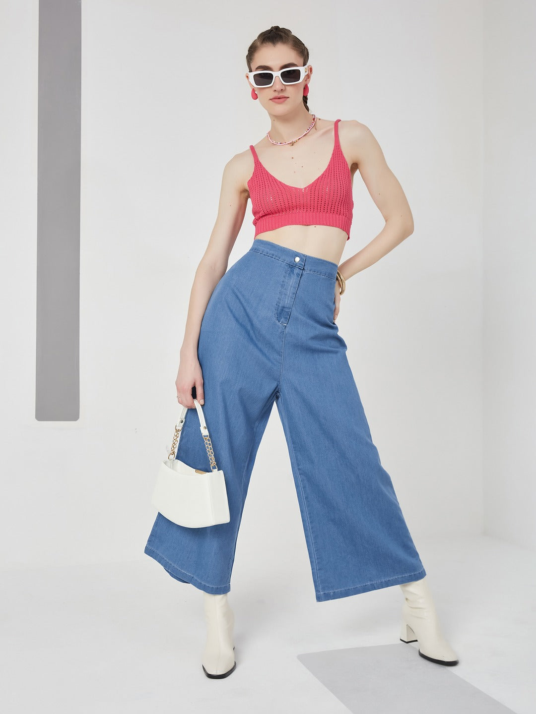 Blue Flared Wide-Leg high-rise Non Stretchable Light Weight Denim Pants for Women