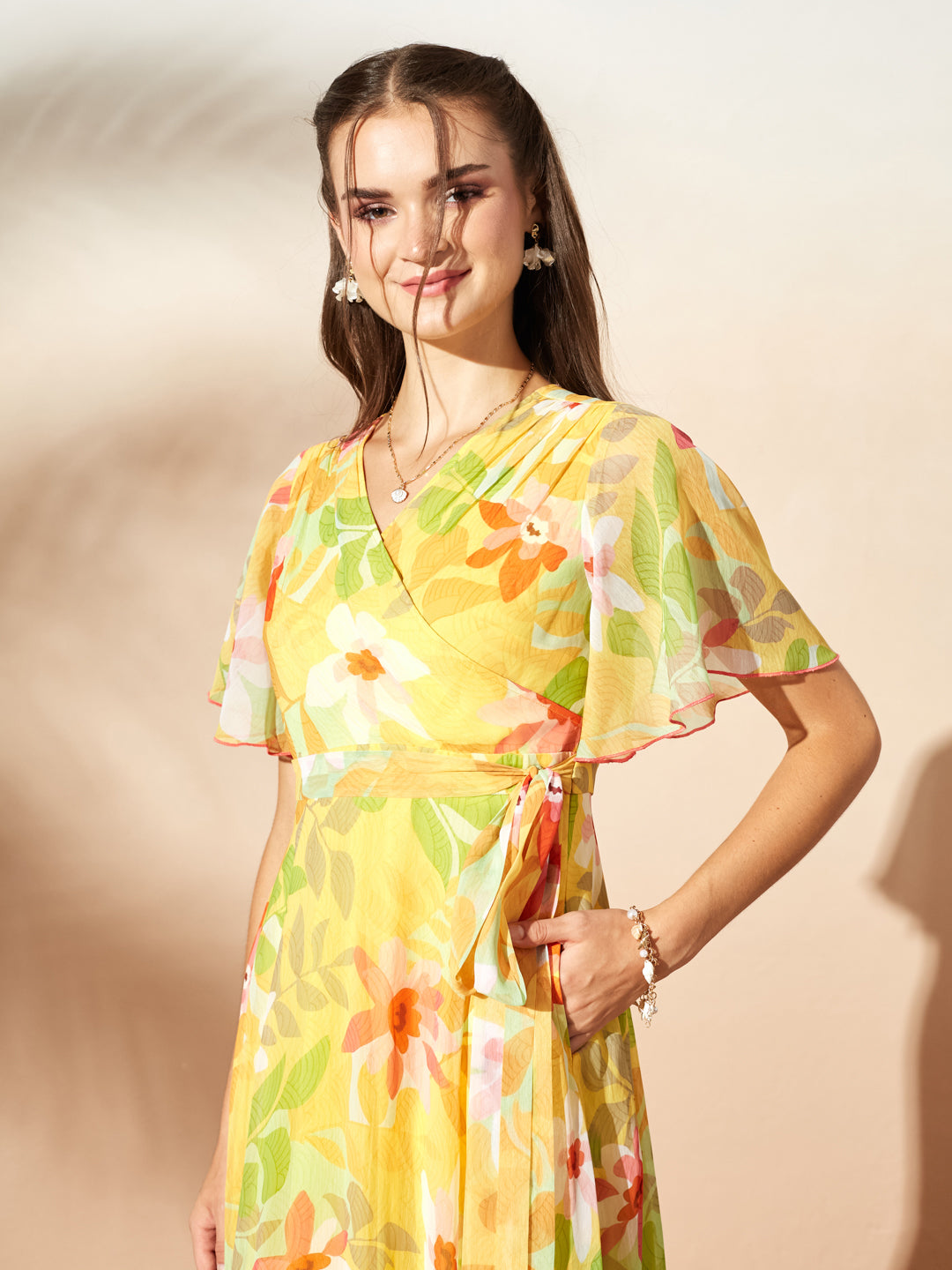 Butter Yellow Floral Printed Flutter Sleeves Maxi Dress for Women
