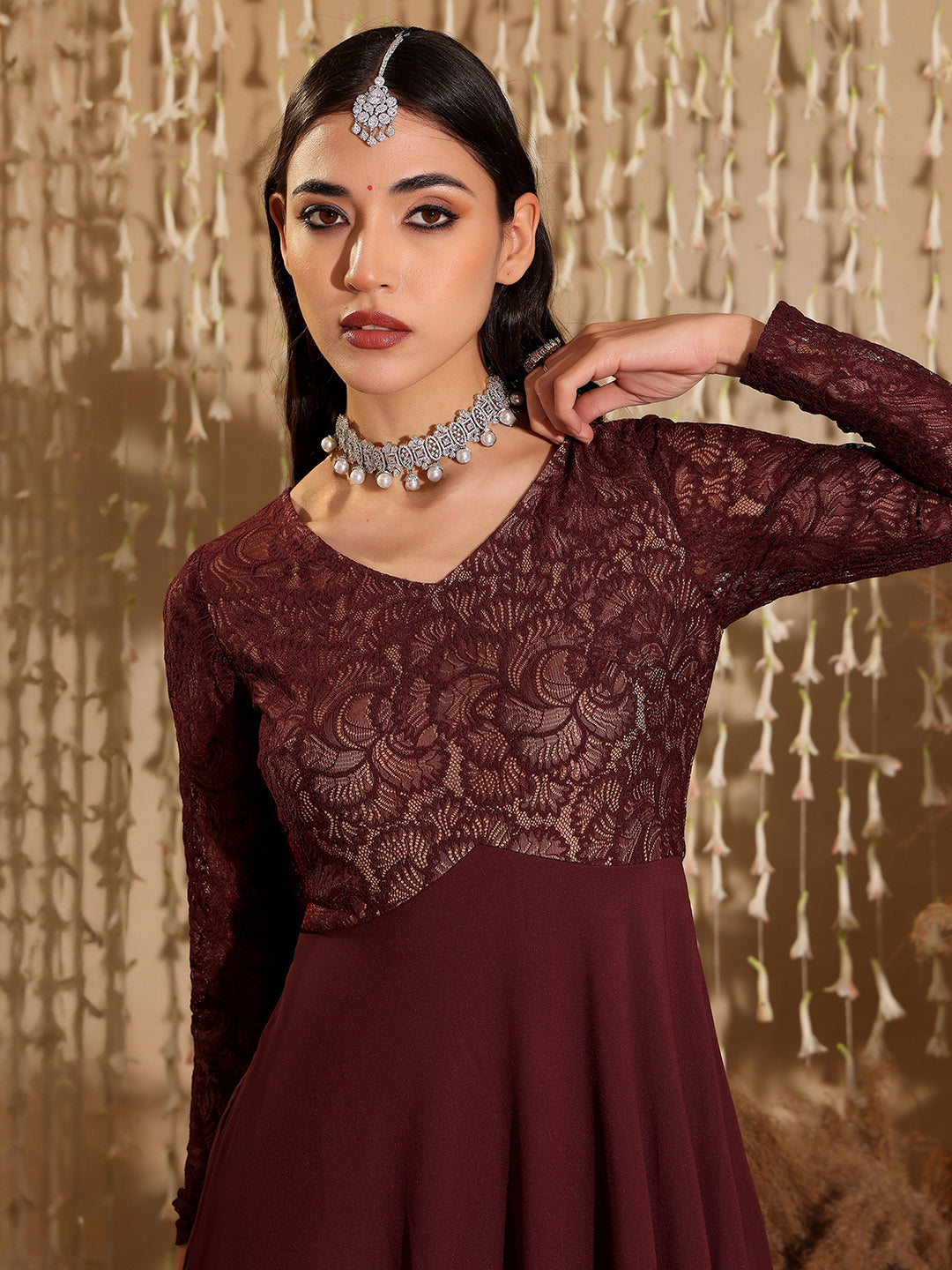 Women's Wine V-Neck Full Sleeve Self Design Lace-Overlaid Georgette Maxi Dress