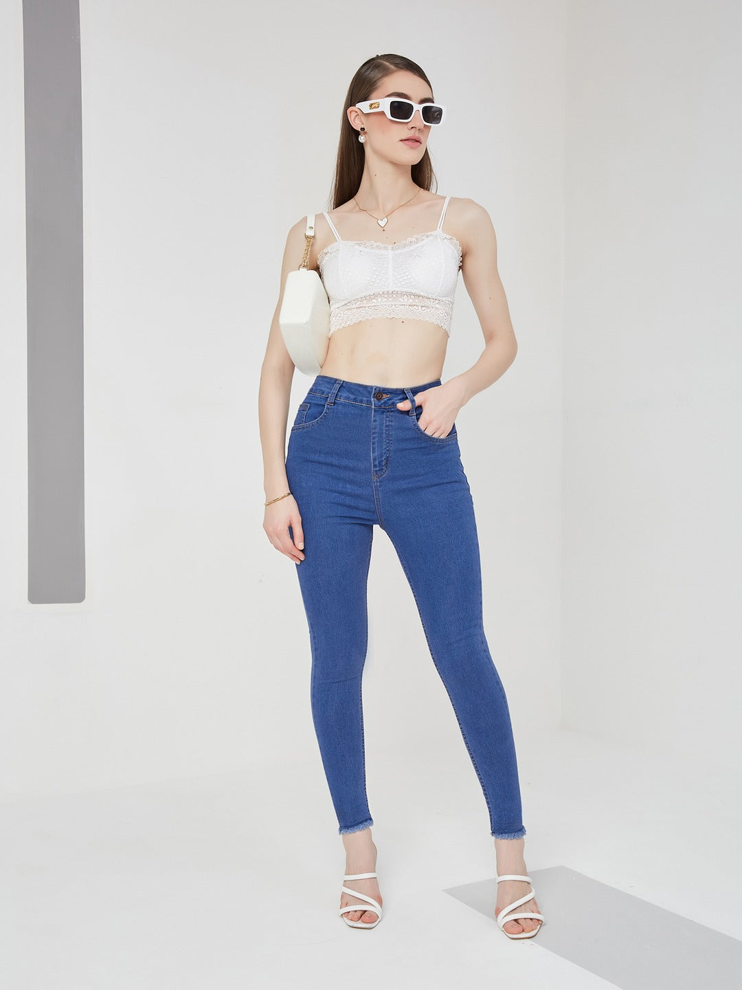 Blue Skinny high-rise Cropped Length Fringe Detailing Stretchable Denim Jeans for Women