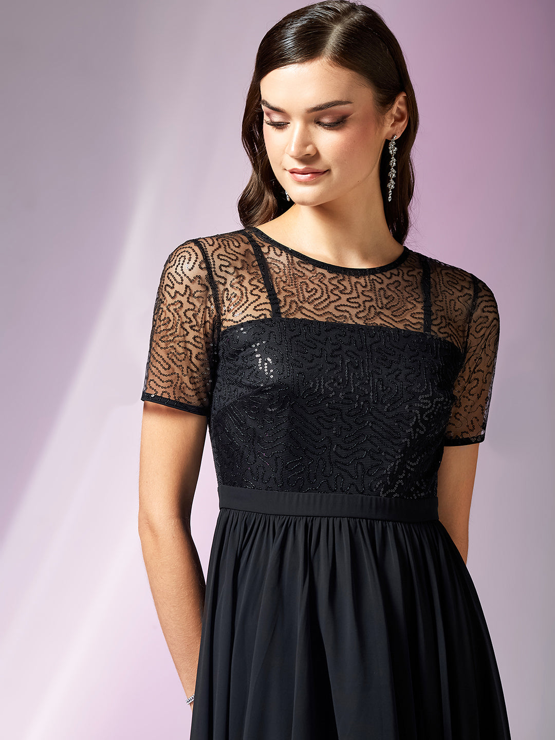 Black Relaxed Fit Maxi Georgette & Sequins Dress for Women