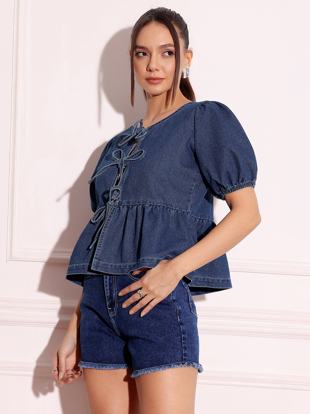 Puff-Sleeves Tie-Up Blue Denim Peplum Top for Women