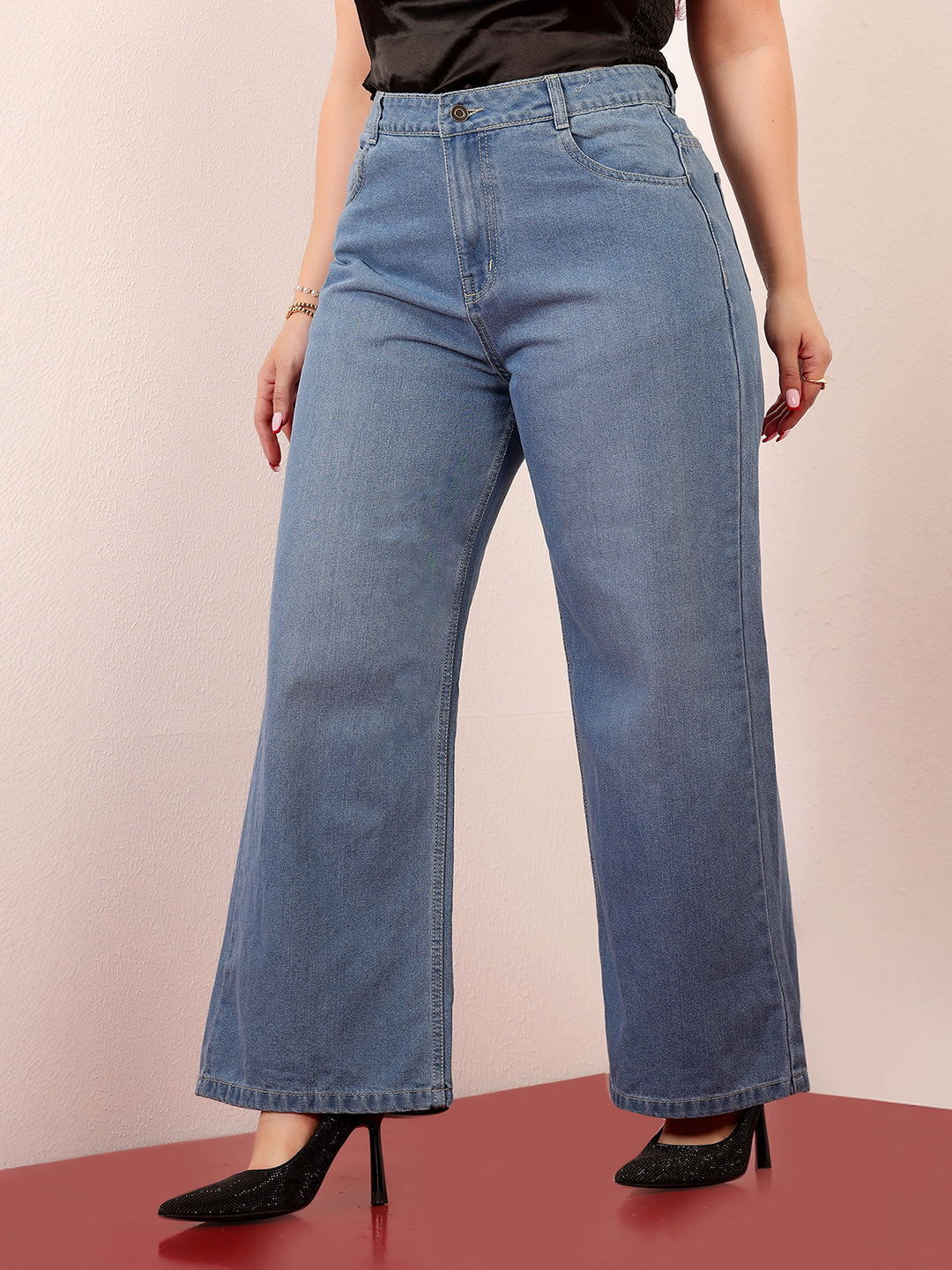 Women's Light Blue Wide-Leg High-Rise Clean-Look Regular-Length Non-stretchable Denim Jeans