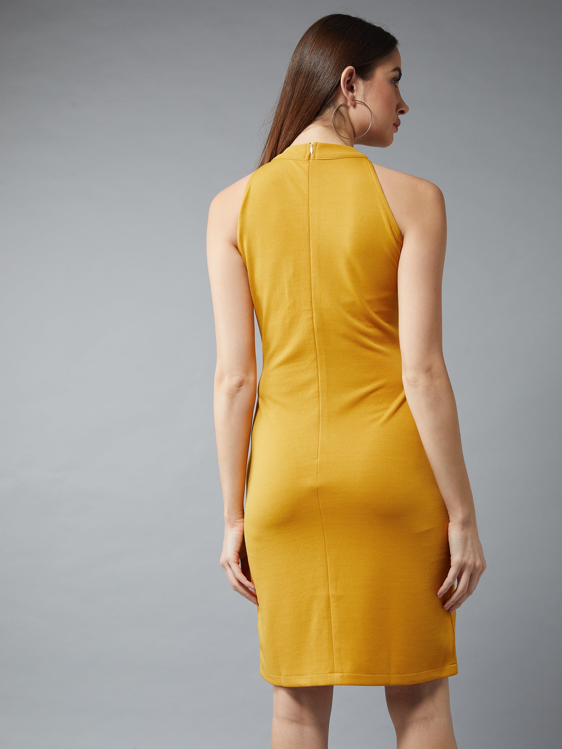 Women's Mustard Round Neck Sleeveless Solid Bodycon Knee Long Dress