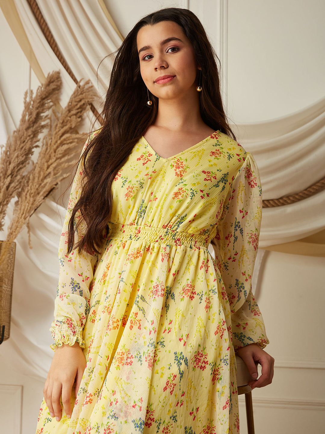 Multicolored-Base-Lime Yellow V-Neck Bishop Sleeve Floral Gathered Chiffon Maxi Dress