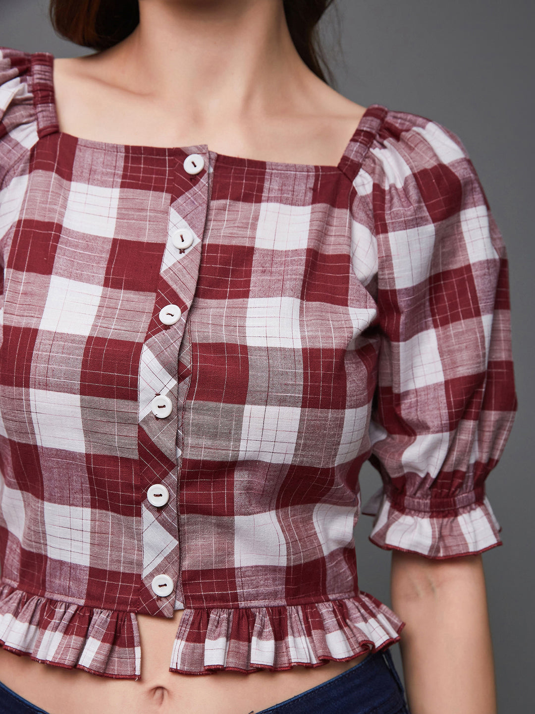 Women's Maroon and White Checkered Square Neck Puff Sleeves Polyester Ruffled Short Top