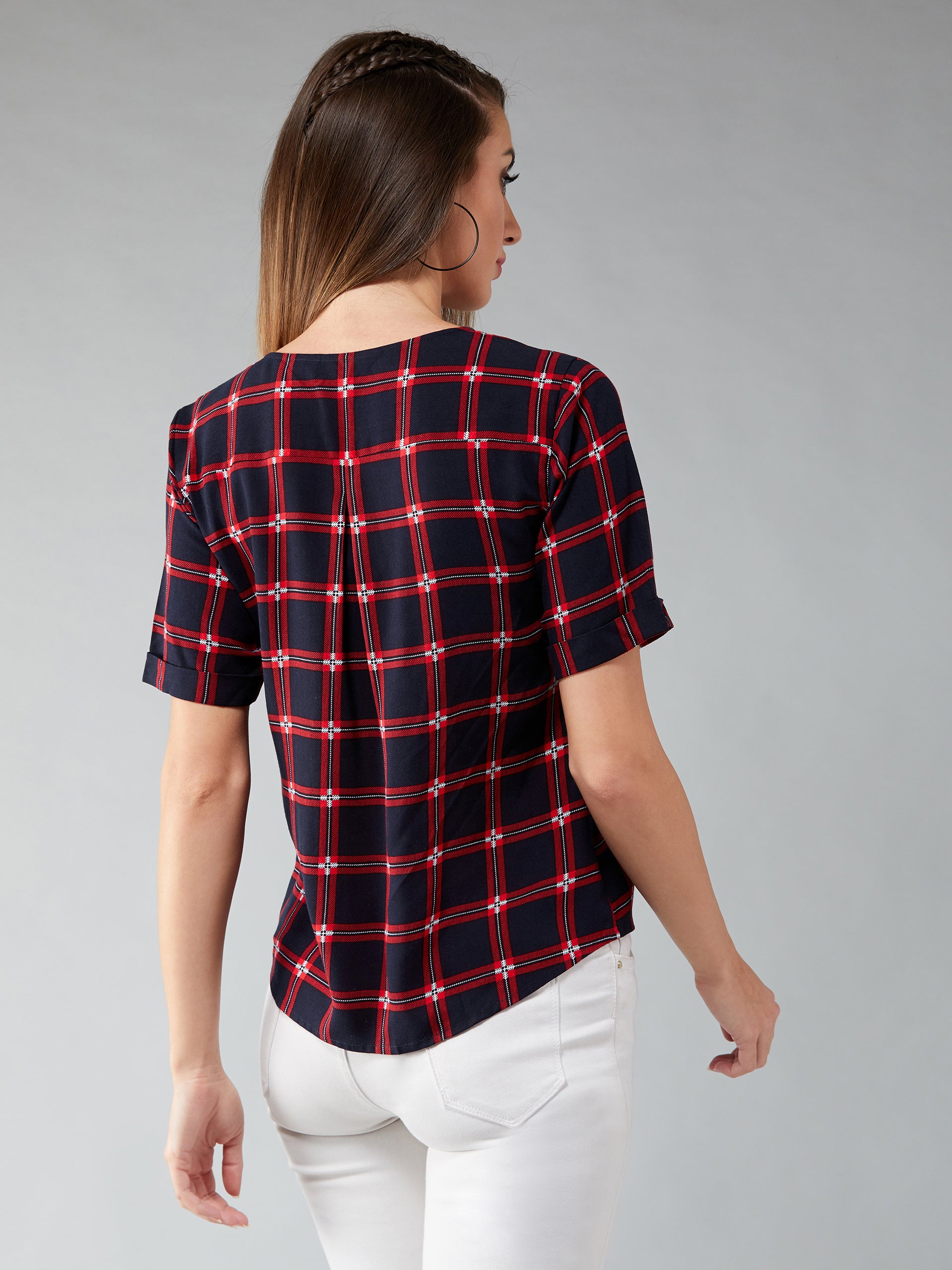 Women's Red & Navy Blue Round Neck Half Sleeve Checkered Boxy Regular Length Shirt