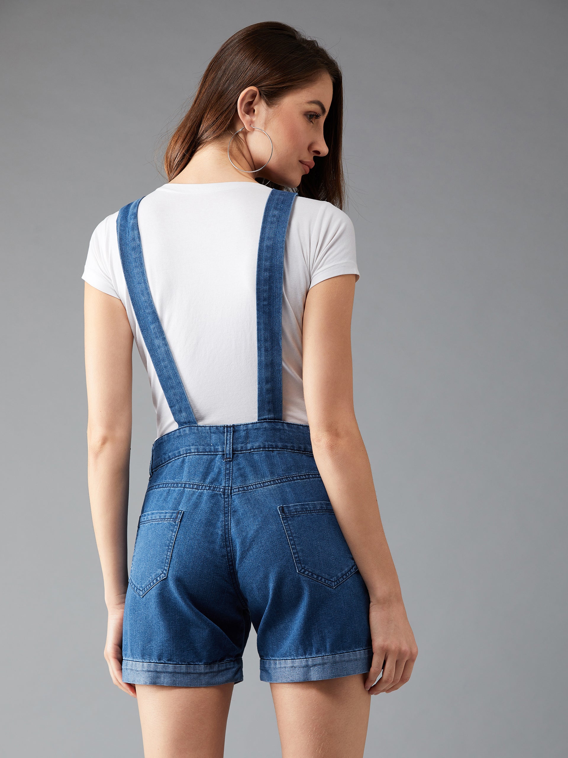 Women's Blue Regular Fit Mid Rise Mini Solid Denim Dungaree