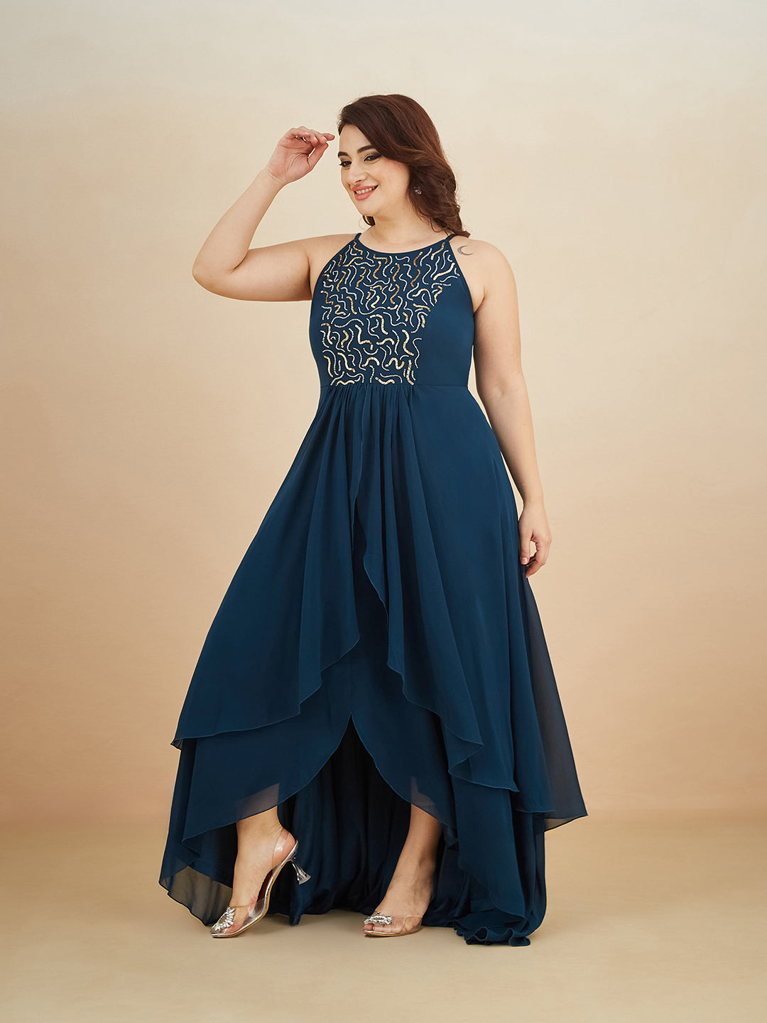 Teal Round Neck Sleeveless Solid Embellished Maxi Dress for Women — Miss Chase A+