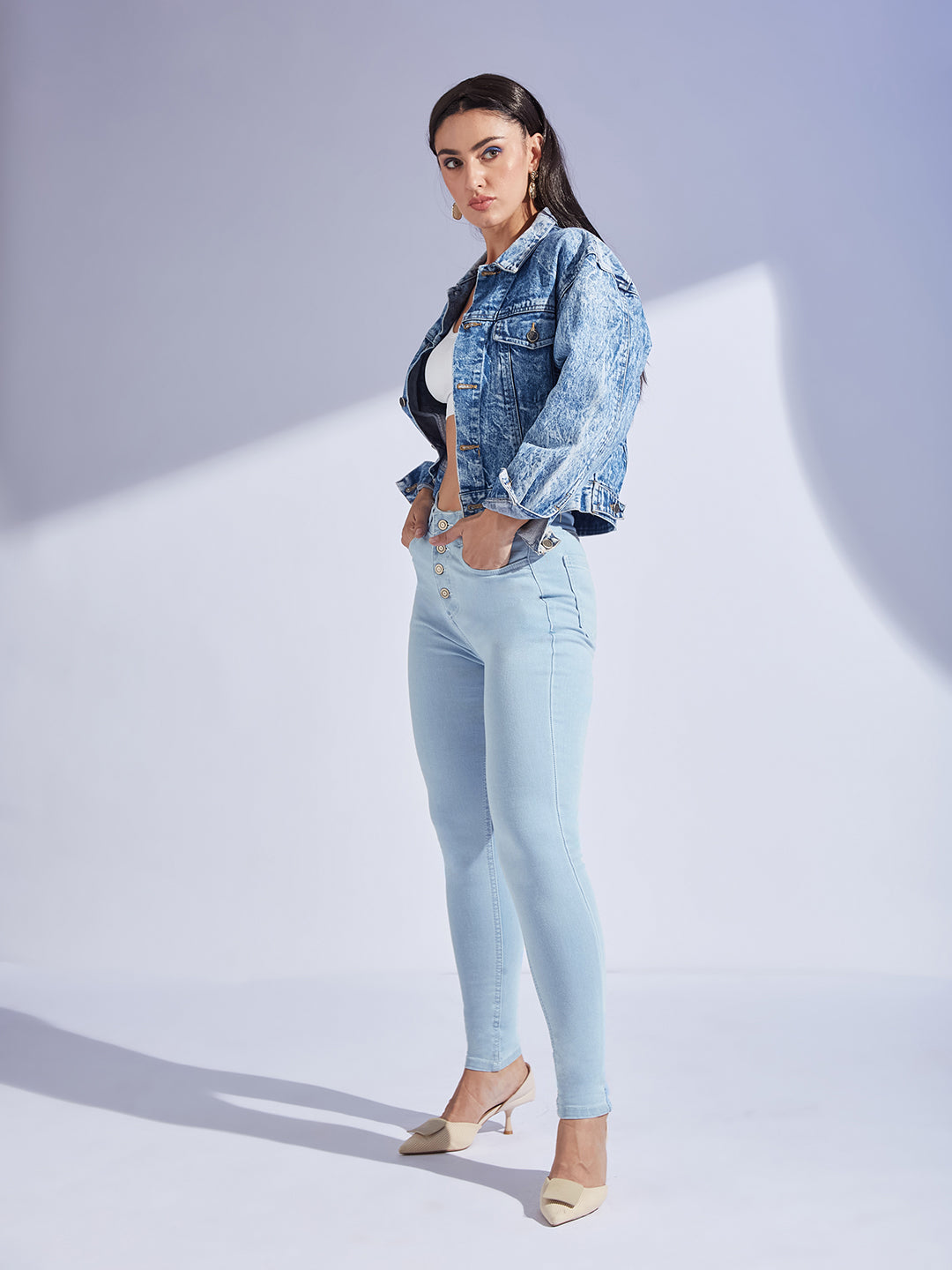 Women's Light Blue Skinny High-Rise Distressed Ice Wash Regular-Length Denim Jeans