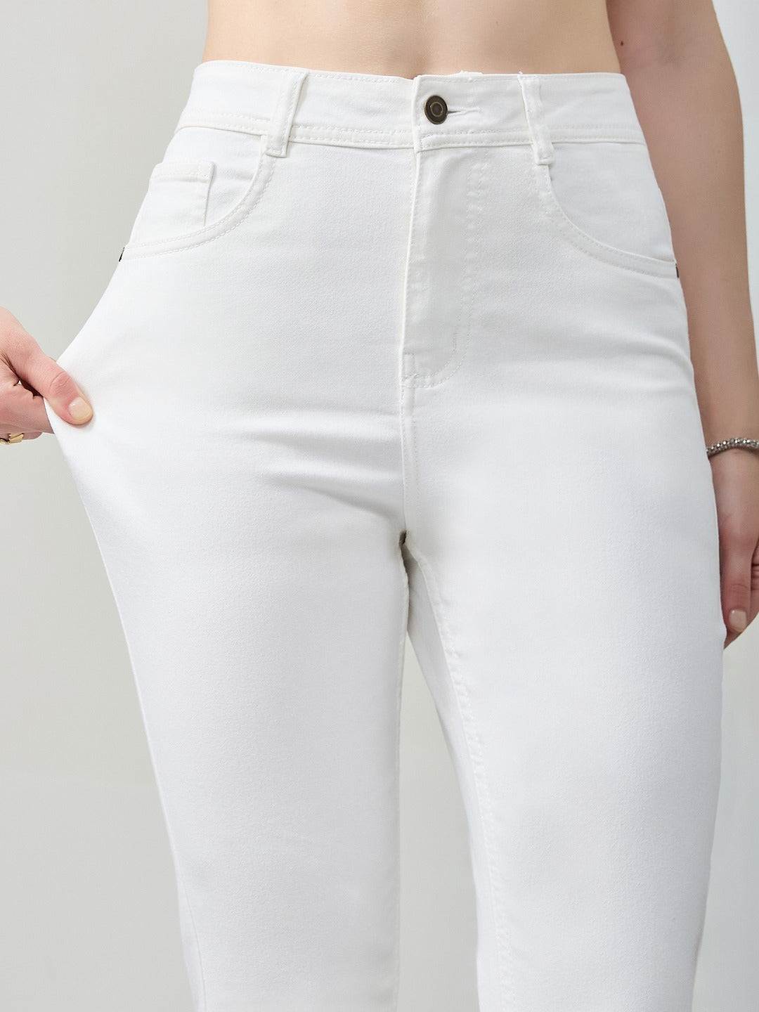 White Skinny Mid Rise Bleached Stretchable Denim Jeans for Women