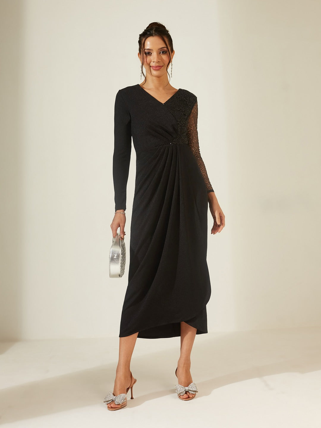 Black V-Neck Full Sleeve Embellished Pleated Longline Dress for Women