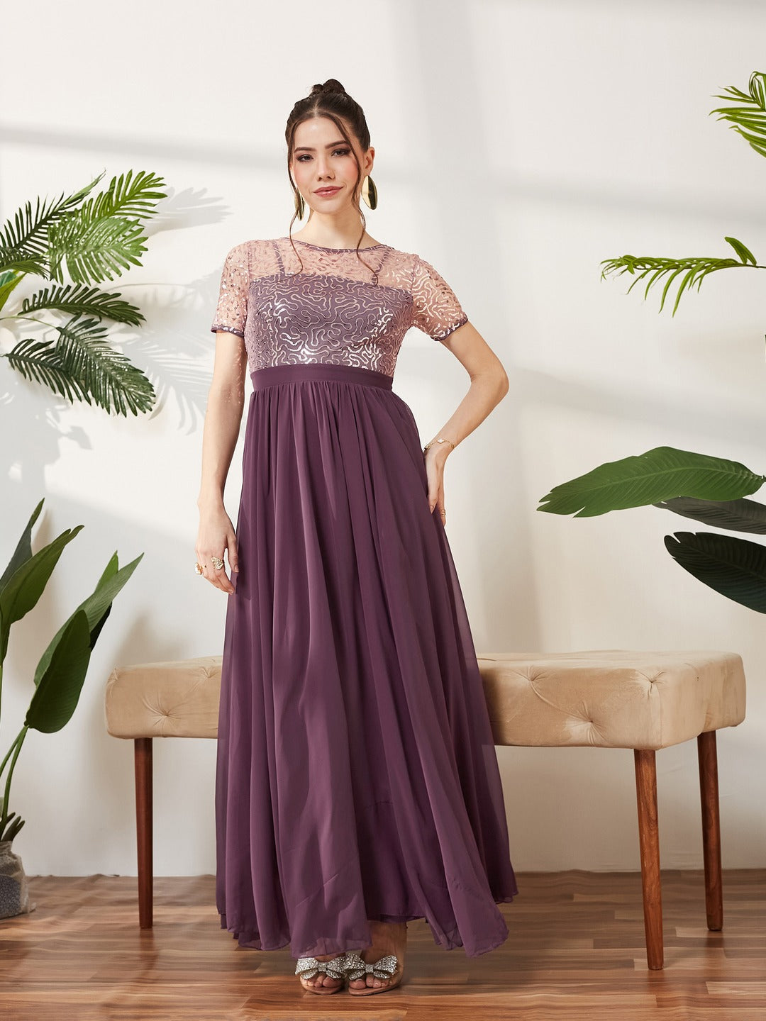 Mauve Relaxed Fit Maxi Georgette & Sequins Dress for Women