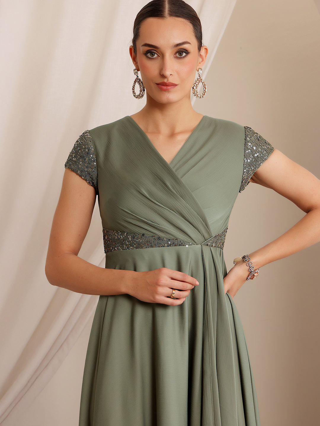 Women's Embellished Pale Olive Gown in Asymmetric Draped Premium Satin