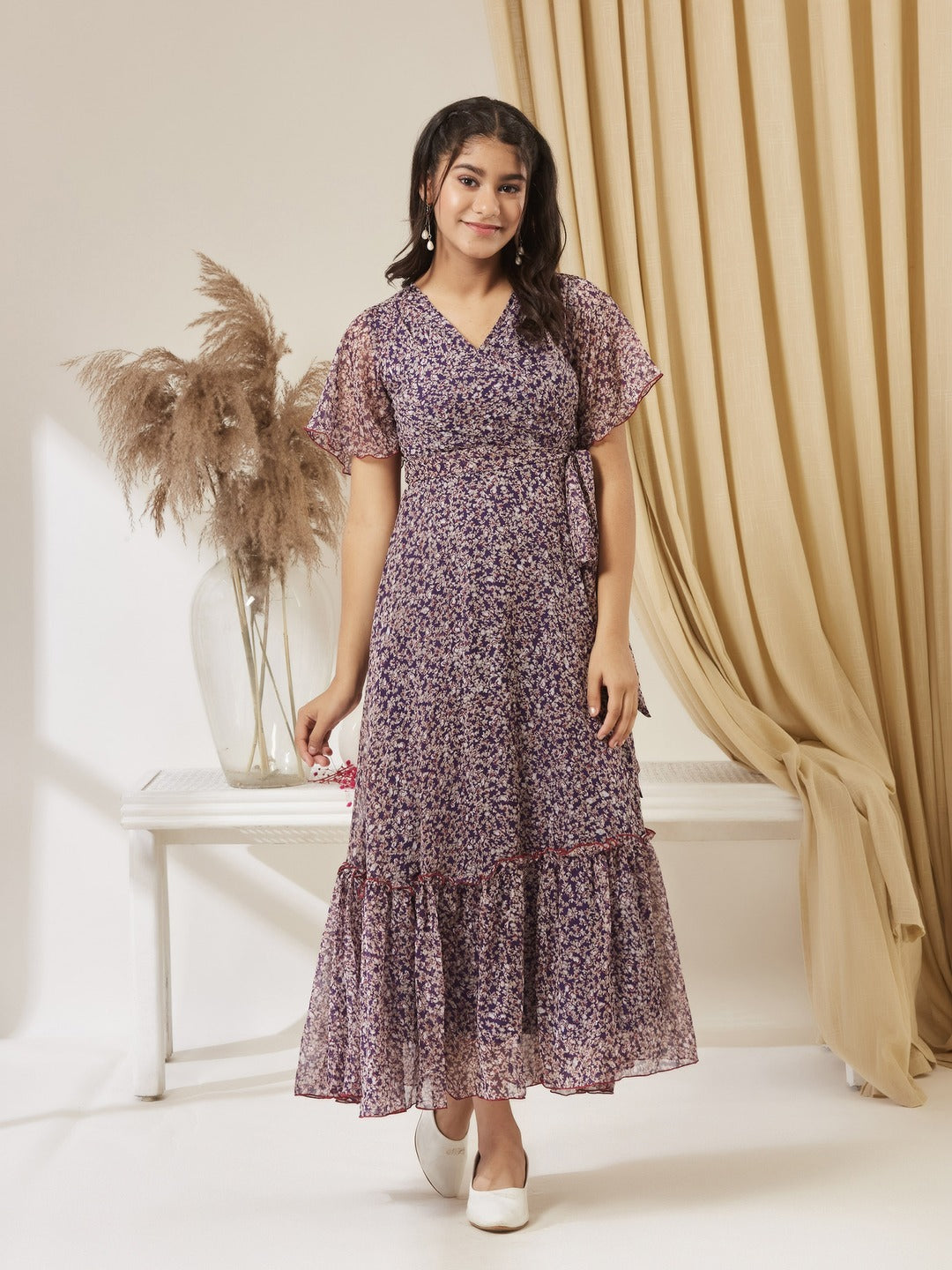 Purple V Neck Flared Sleeve Floral Wrap Chiffon Maxi Dress for Girls/Teenagers