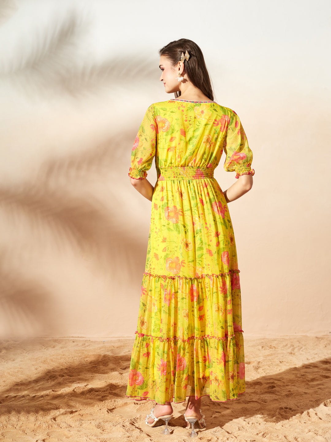 Acid Yellow V-Neck Puff Floral Overlap/ Tiered Maxi Chiffon Ethnic Dress for Women — Miss Chase