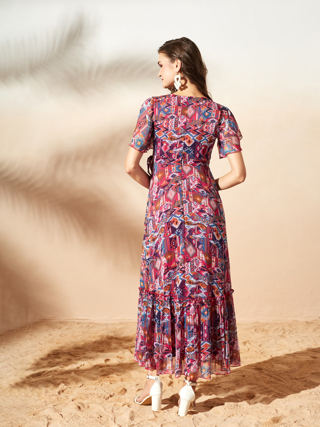 Dark Pink Floral Printed Flutter Sleeves Maxi Dress for Women