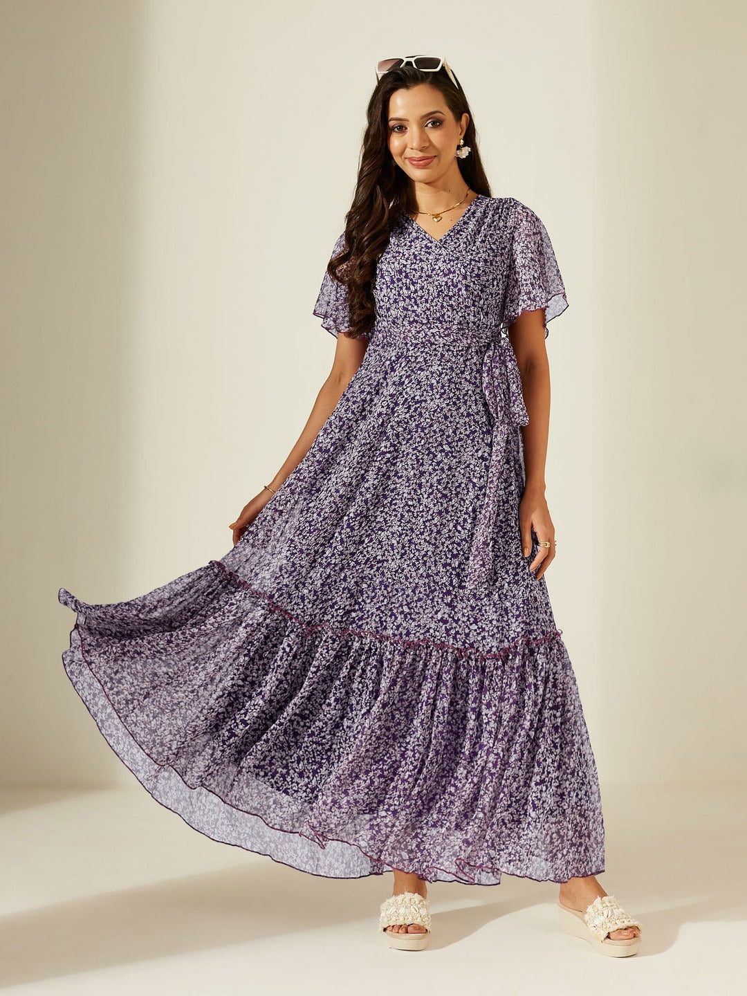 Purple V Neck Flared Sleeve Floral Wrap Chiffon Maxi Dress for Women