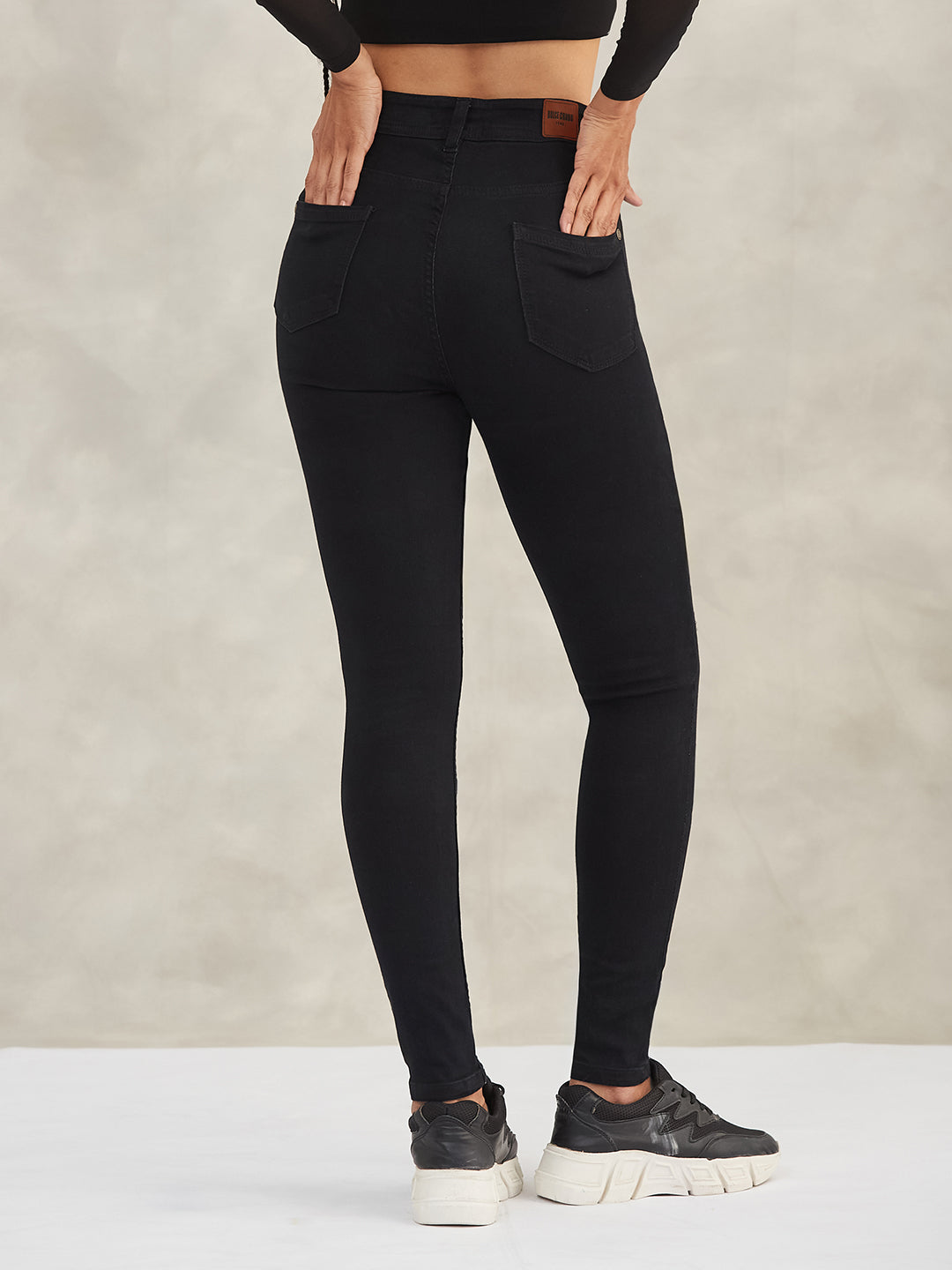 Women's Black Slim-Fit High-Rise Mild-Distress Ripped Net Detailing Denim Stretchable Jeans