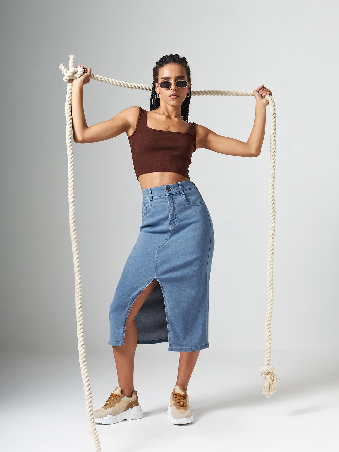 Light Blue Straight Fit High Rise Clean Look Stretchable Denim Midi Skirt for Women