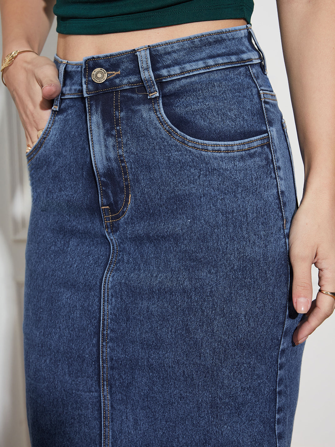 CHASEshape™ Women's Dark Blue High-Rise Stretchable Denim Midi Skirt with Back Slit – Shaping Fit