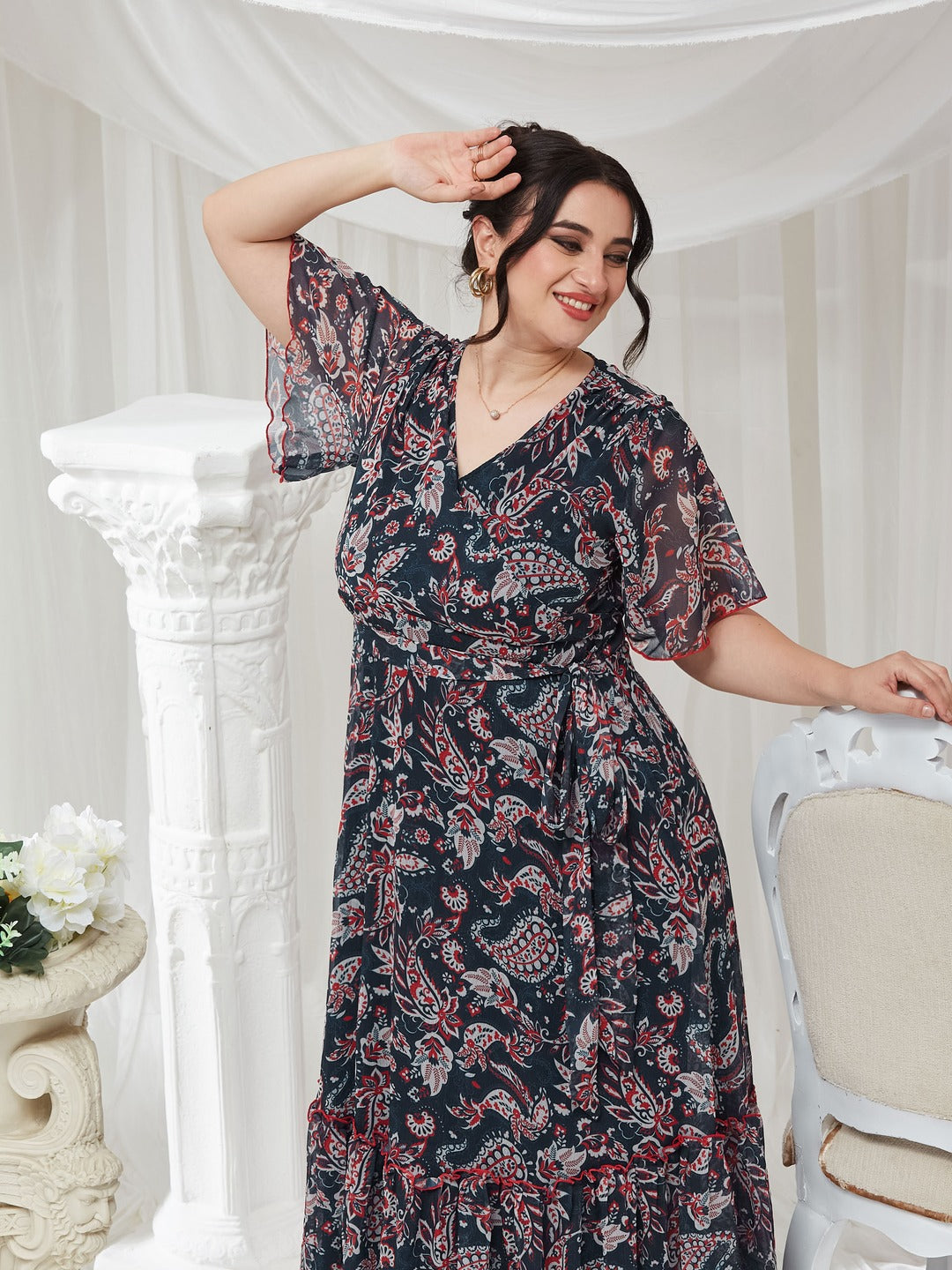 Navy Floral Wrap Chiffon Maxi Dress with Flutter Sleeves & Frilled Hem for Women — Miss Chase A+