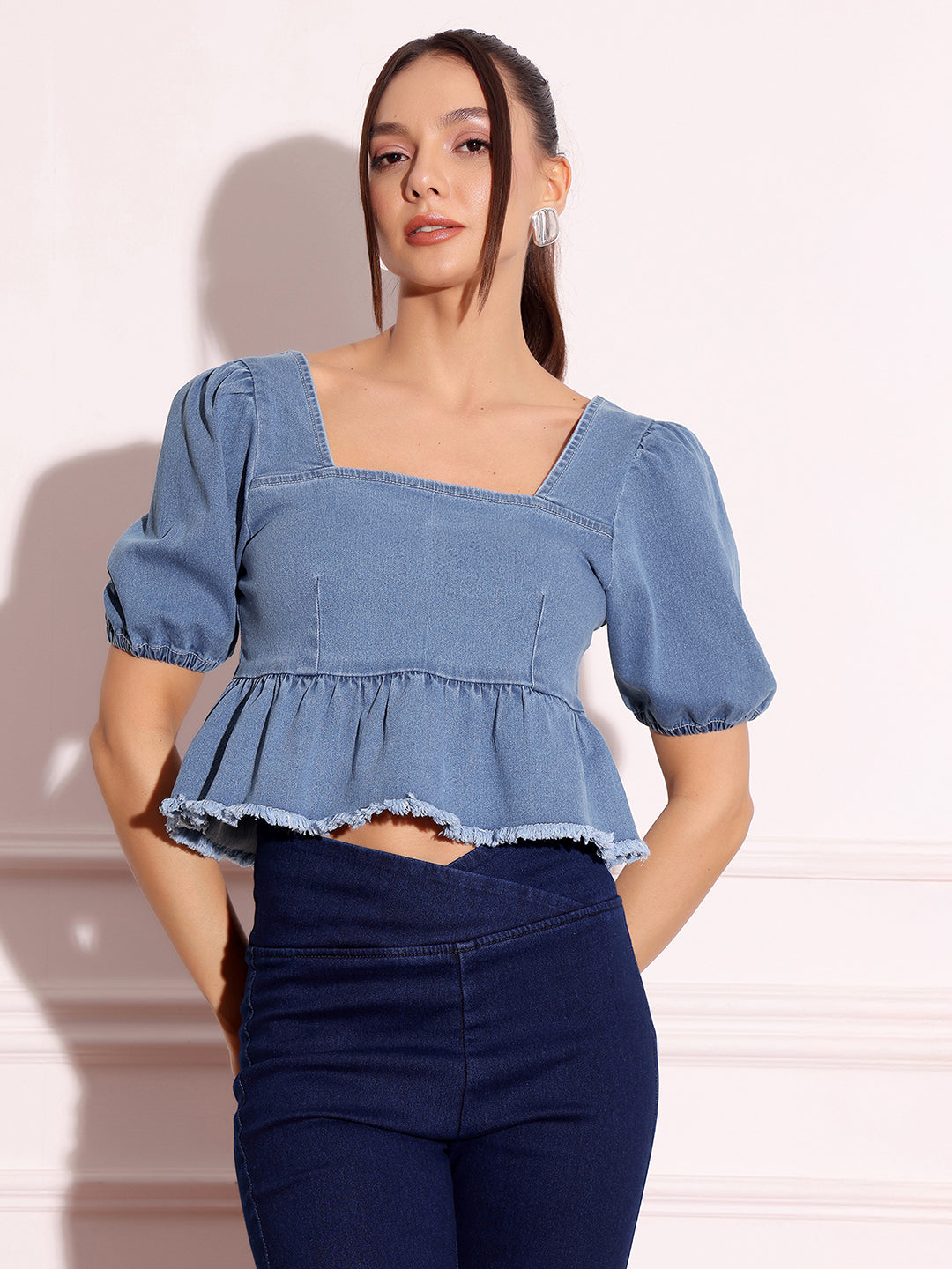 Light Blue Square-Neck Puff-Sleeve Peplum-Styled Denim Cropped Top For Women — Miss Chase