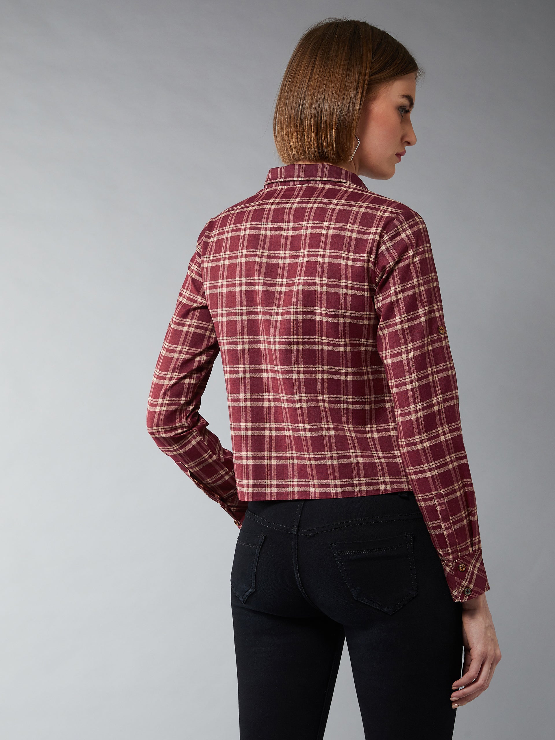 Women's Multicolor-Base Maroon Collared Neck Full Sleeves Checkered Knot Shirt